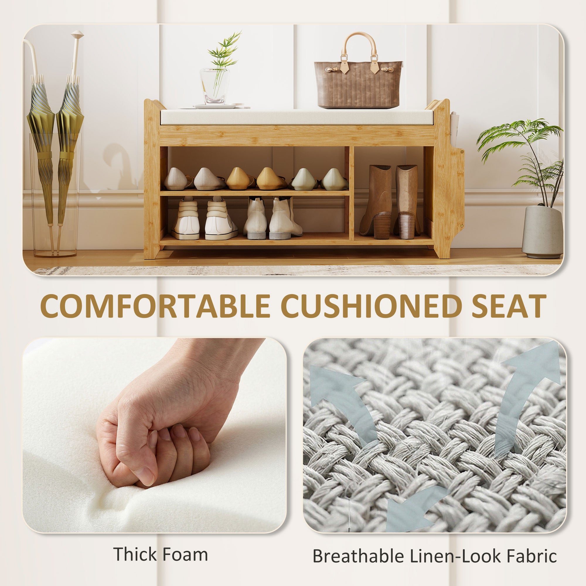Shoe Bench with Cushioned Seat Shoe Storage Bench with Side Umbrella Holder for Entryway Natural and Cream