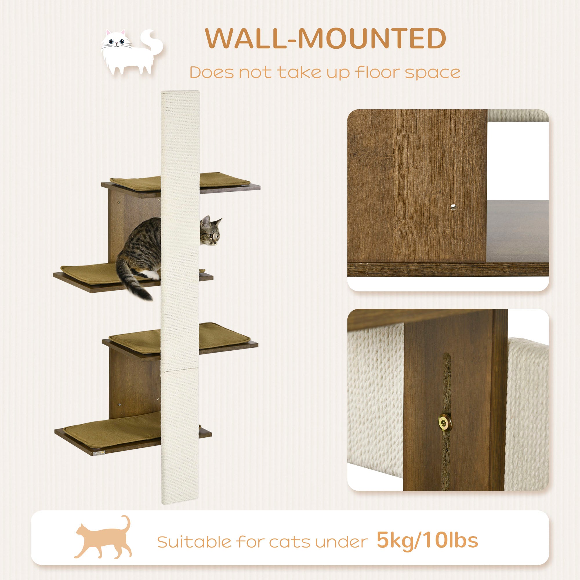 Wall-Mounted Cat Tree, 4-Layer Cat Wall Shelves Furniture with Scratching Board, Kitten Activity Center with Cushions, Natural - Natural wood finish - Image 4