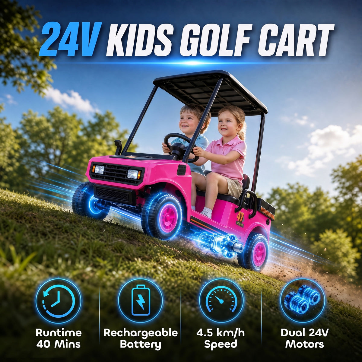 24V Kids Golf Cart 2WD 2-Seater with Remote, Soft Start, Rear Suspension, Sunshade, Storage, Gift for 3-6 Years, Pink