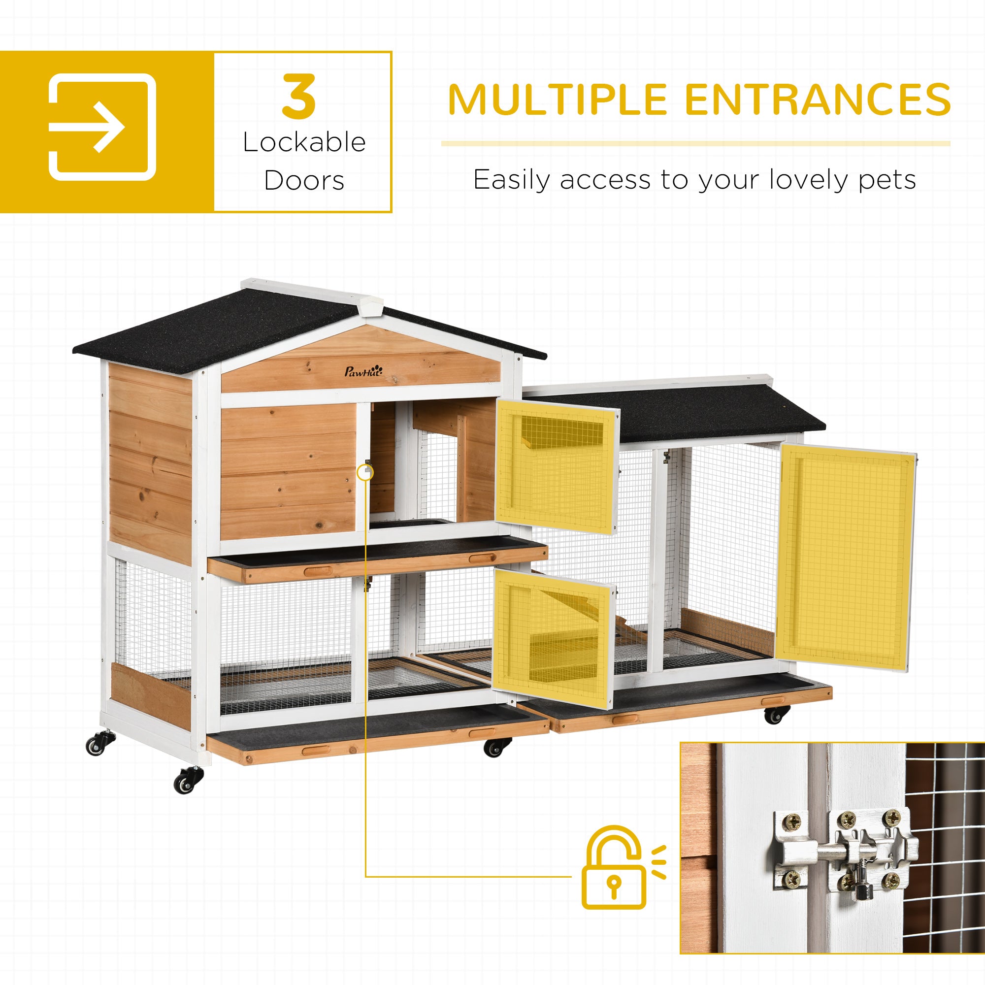 62" Wooden Mobile Rabbit Hutch with Wheels, Run Box, Slide-out Tray, Ramp, Yellow - Natural Wood - Image 6