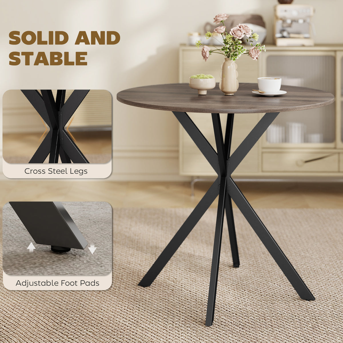 31.5" Small Round Dining Table for 2, Industrial Kitchen Table with Cross Steel Legs for Dining Room, Distressed Brown