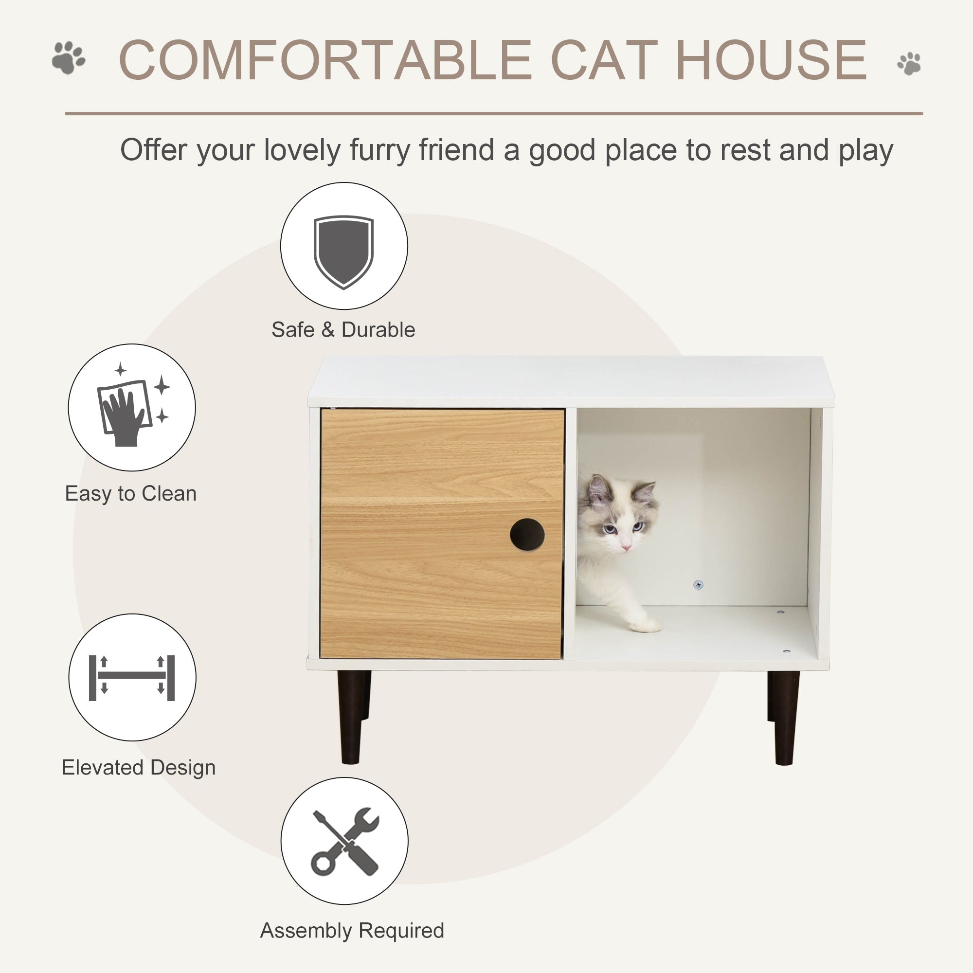 Wooden Cat House with Soft Cushion, Decorative Kitten Condo Side Table, Elevated Pet House with Storage Space - White - Image 5