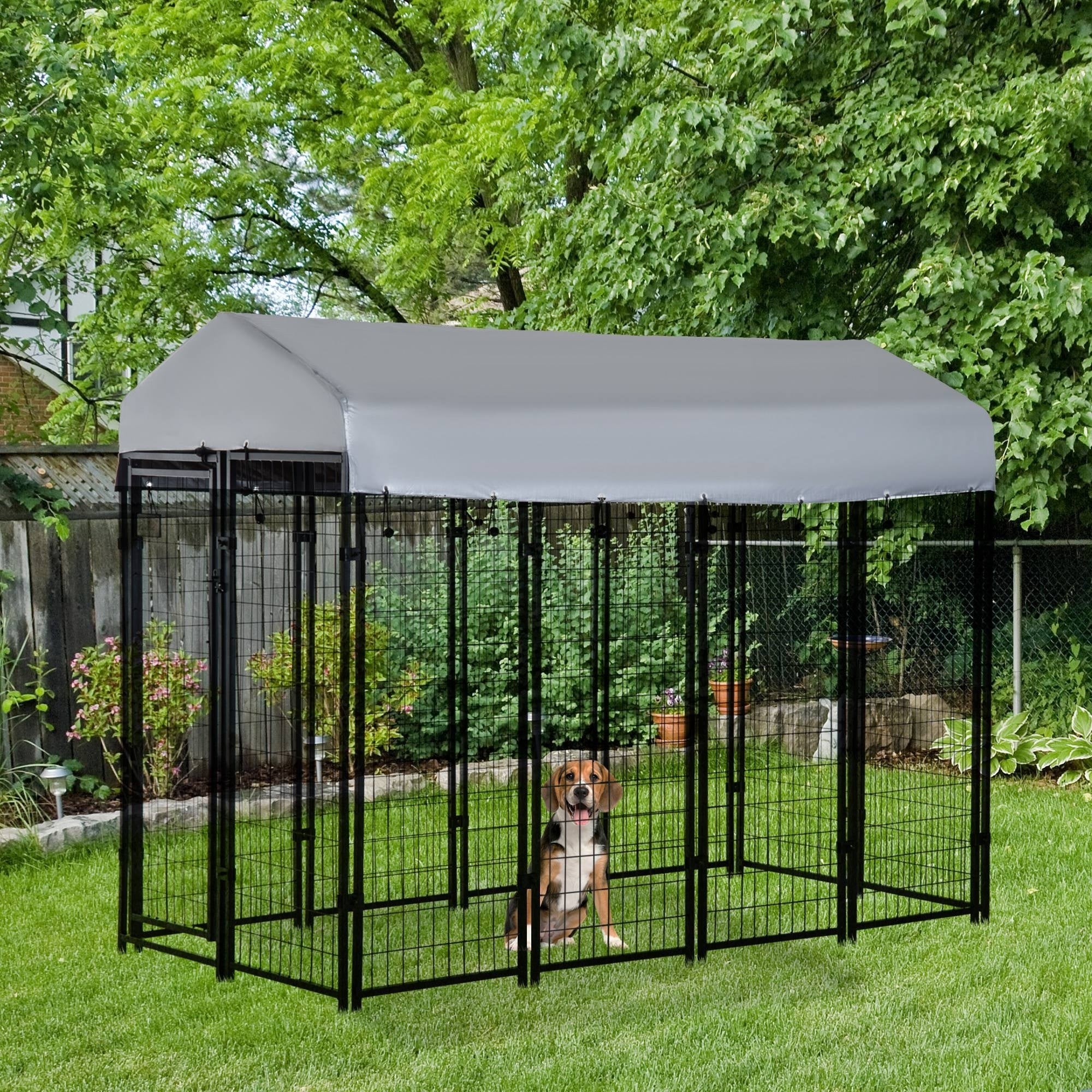 Outdoor Dog Kennel with Roof, 8' x 4' x 6' Heavy Duty Welded Wire Dog Playpen Enclosure with Escape-proof Lock, UV-Resistant & Waterproof Cover, for Large Dogs, Silver - Silver - Image 2