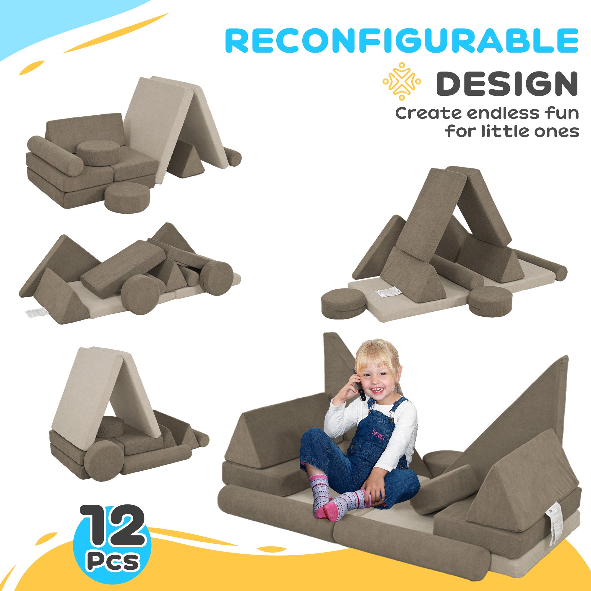 12 Pieces Kids Foam Climbing Blocks with Washable Cover for Toddlers, Khaki