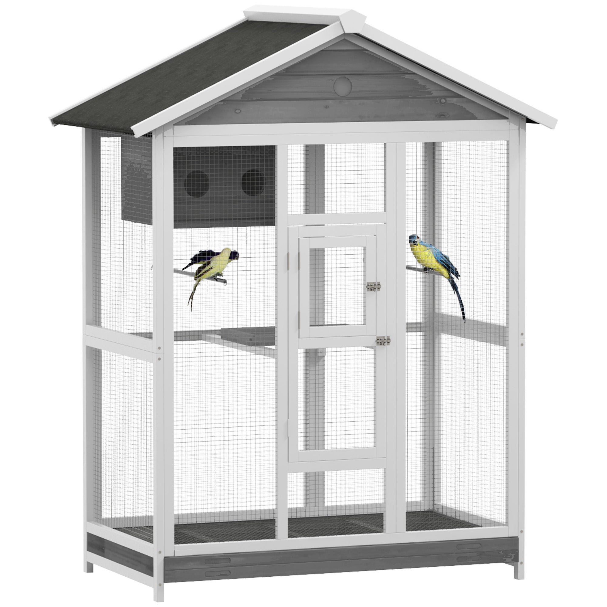 64.5" Wooden Bird Cage Aviary, Flight Cage with 4 Perches, Nest and Slide-Out Tray for Indoor/Outdoor, Gray - Gray