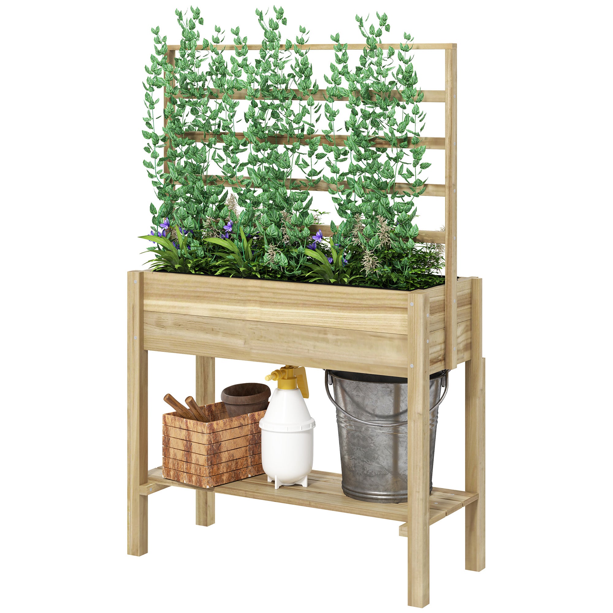 Wooden Raised Garden Bed with Trellis, Outdoor Planter Box with Storage Shelf for Vegetables, Flowers, Herbs - Natural Wood