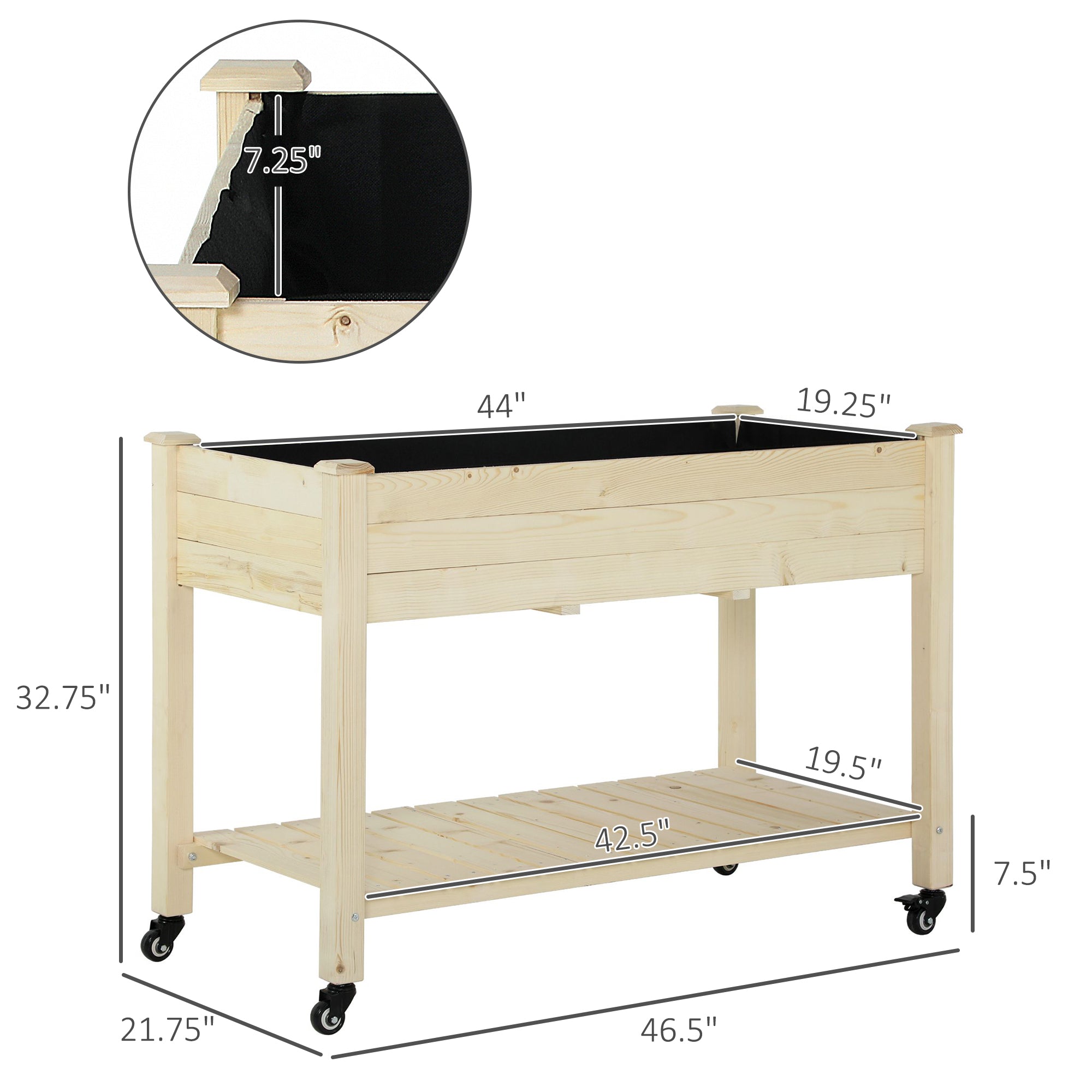 Raised Garden Bed, 47" x 22" x 33", Elevated Wooden Planter Box w/ Lockable Wheels, Storage Shelf, and Bed Liner for Backyard, Patio, Natural - Natural - Image 3