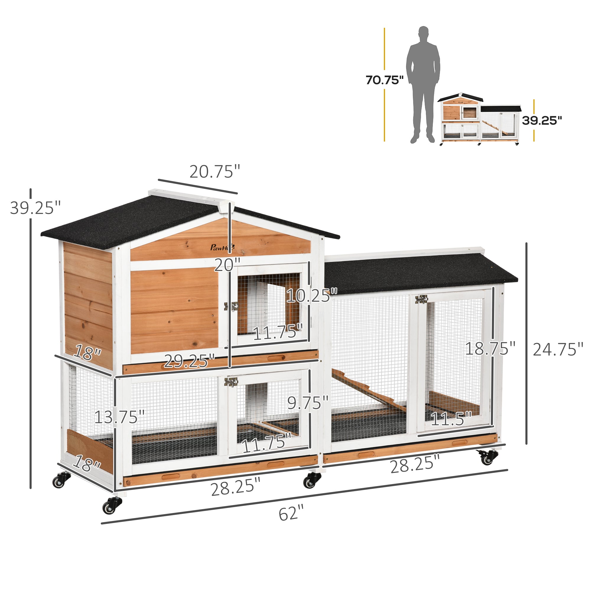 62" Wooden Mobile Rabbit Hutch with Wheels, Run Box, Slide-out Tray, Ramp, Yellow - Natural Wood - Image 3