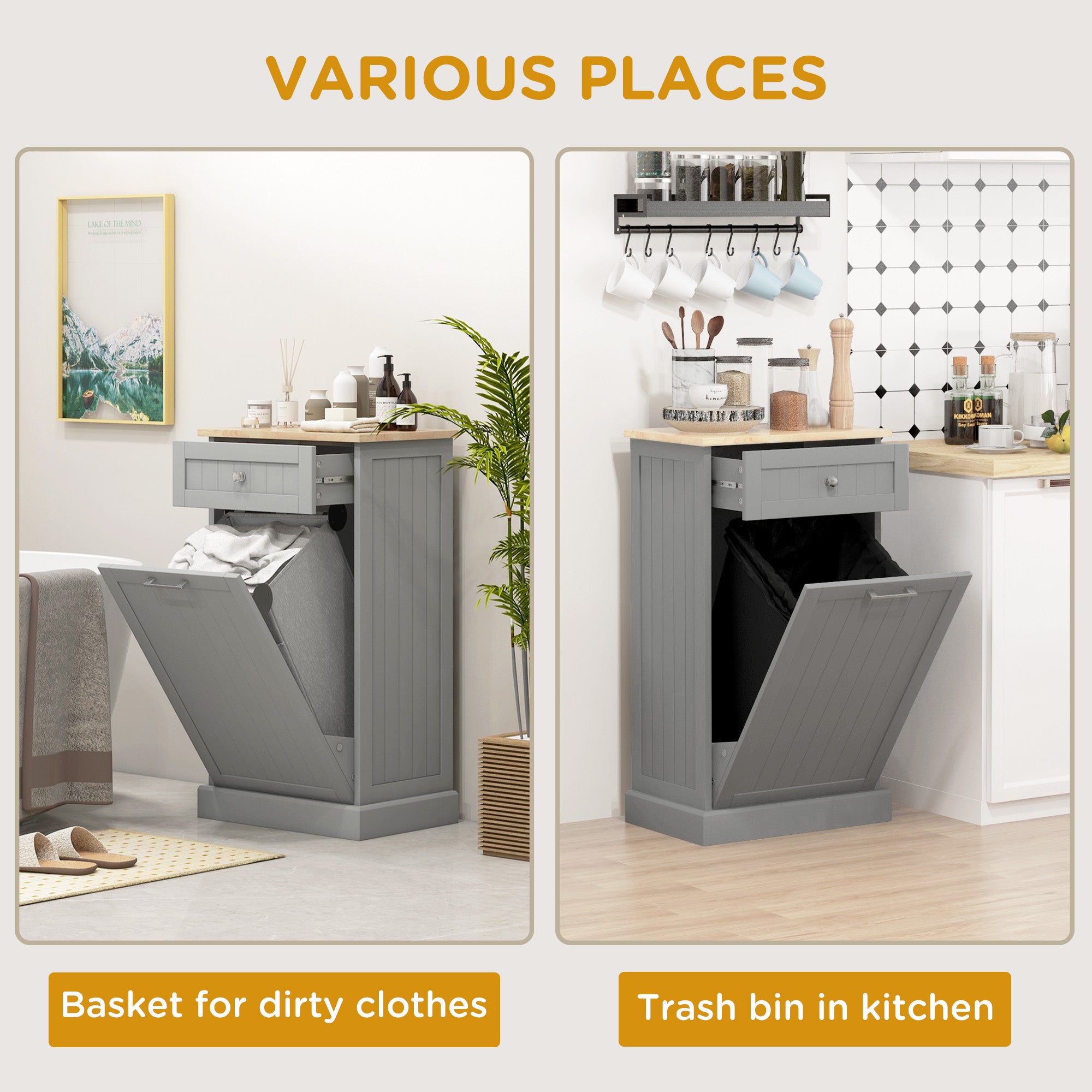 10 Gallon Tilt Out Trash Cabinet, Wooden Hidden Trash Can with Storage Drawer for Kitchen, Laundry Hamper Cabinet for Bathroom, Gray