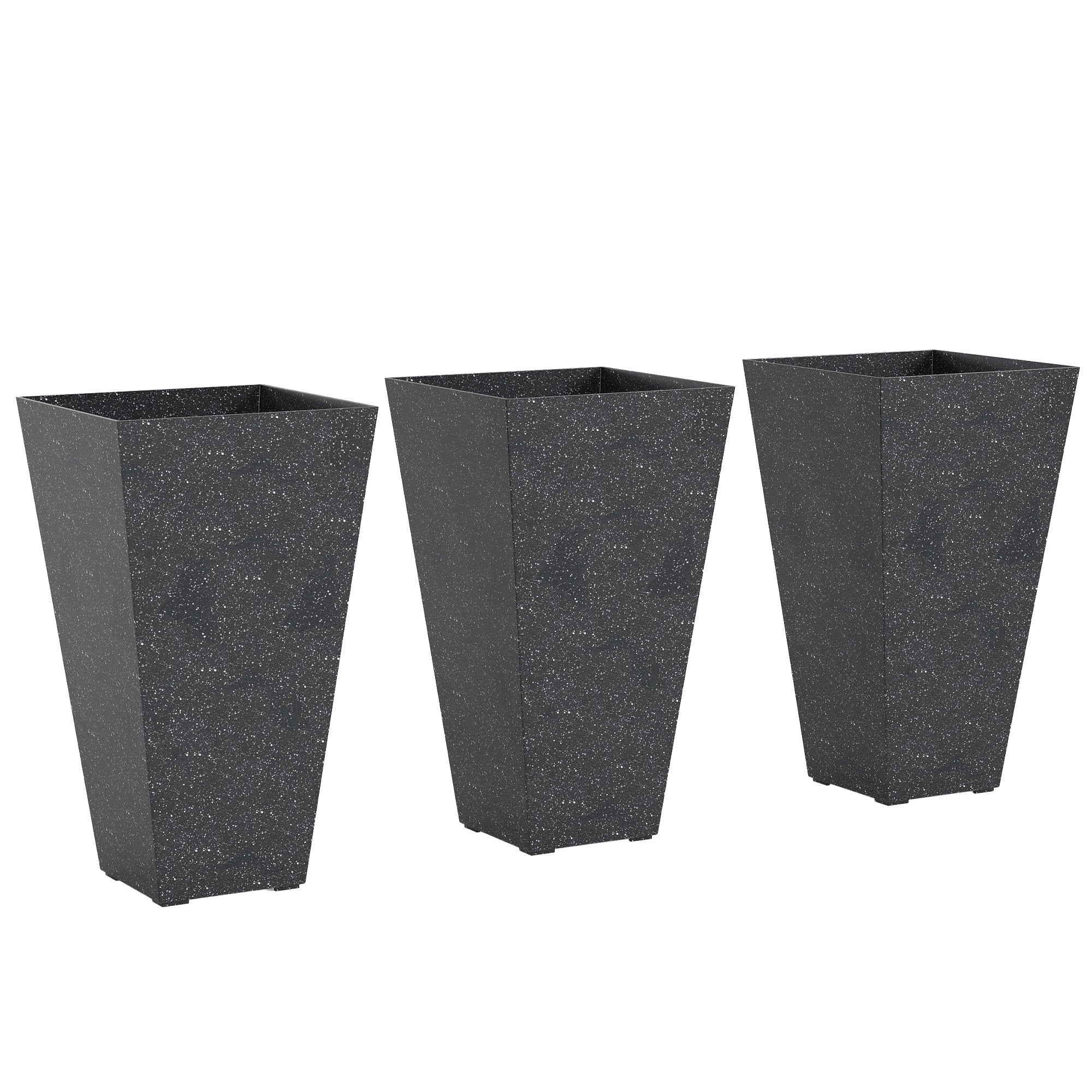 28" Tall Planters, Set of 3 Plastic Flower Pots with Marble Finish and Drainage Holes, Stackable Taper Planters, Black - Black