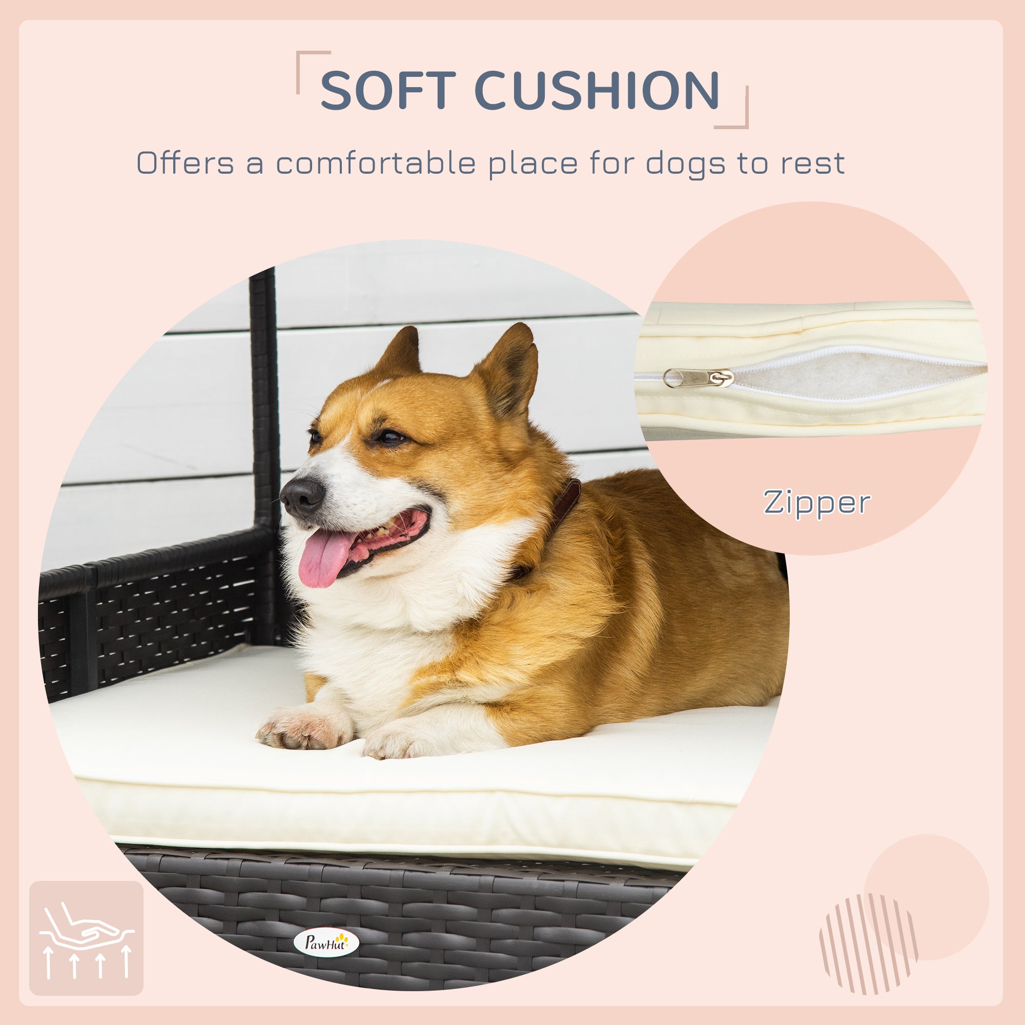 Wicker Dog House Outdoor with Canopy, Rattan Dog Bed with Water-resistant Cushion, Raised Dog Bed for Small, Medium Dogs up to 66 lbs, 19.75" in Length, Brown Wicker, White Cushion - Cream White - Image 8