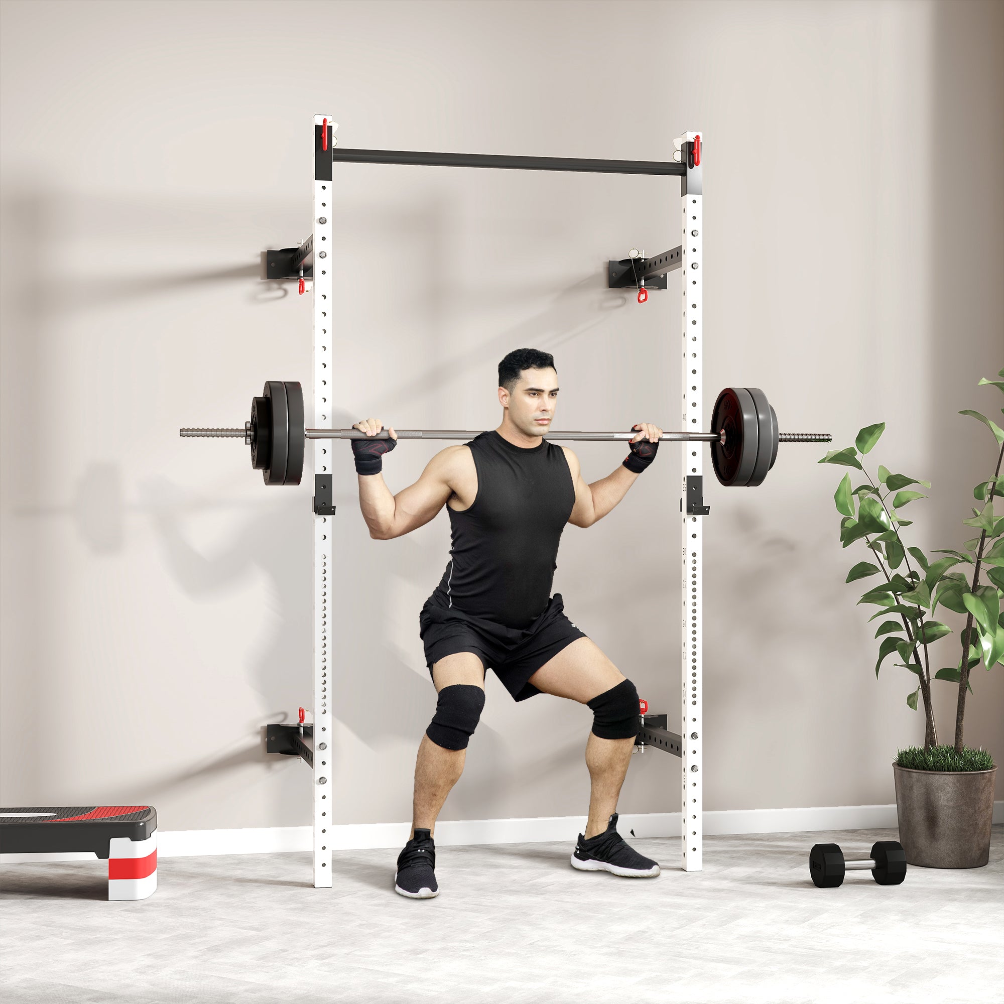 Folding Squat Rack with Pull Up Bar, Wall Mounted and Adjustable, 1000 Pounds Capacity Power Rack, White