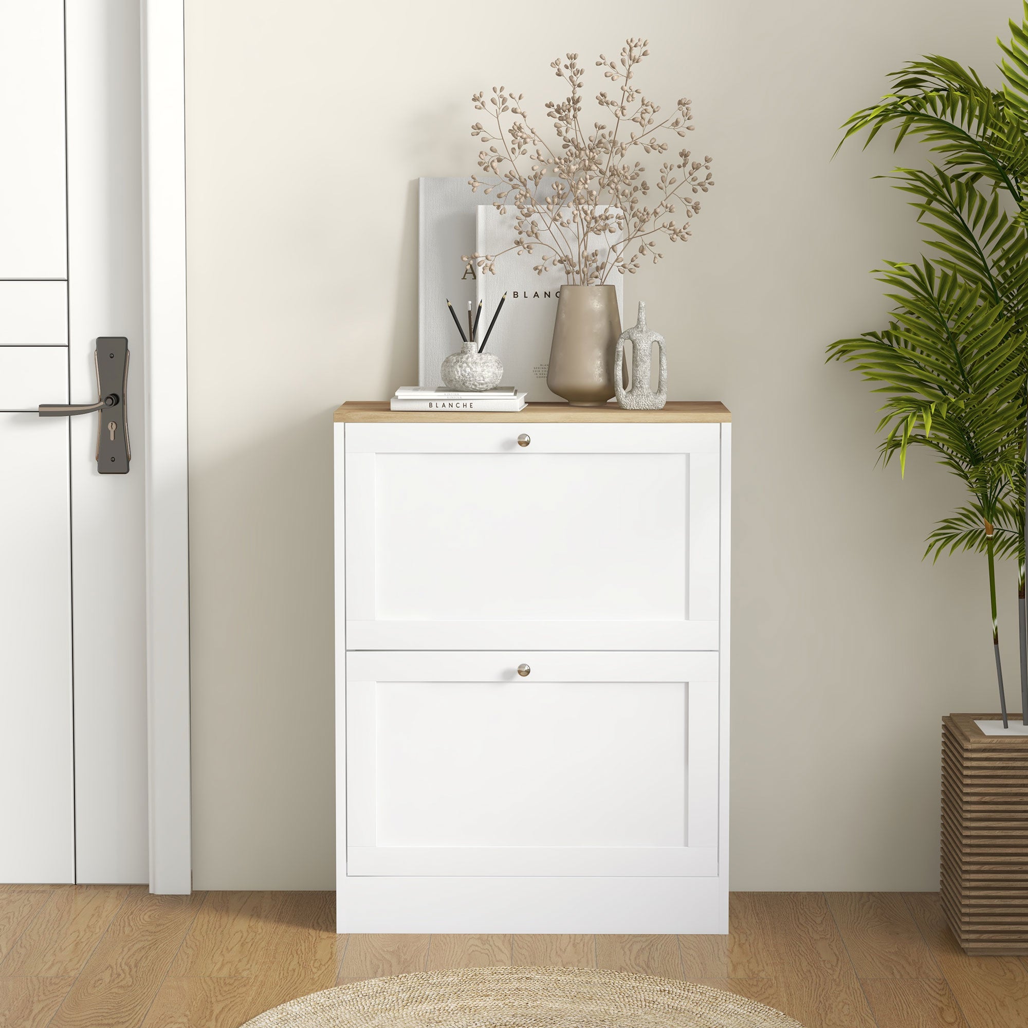 Slim Shoe Storage Cabinet, Modern Shoe Cabinet with 2 Flip Drawers and Adjustable Shelves for 8-12 Pairs, White
