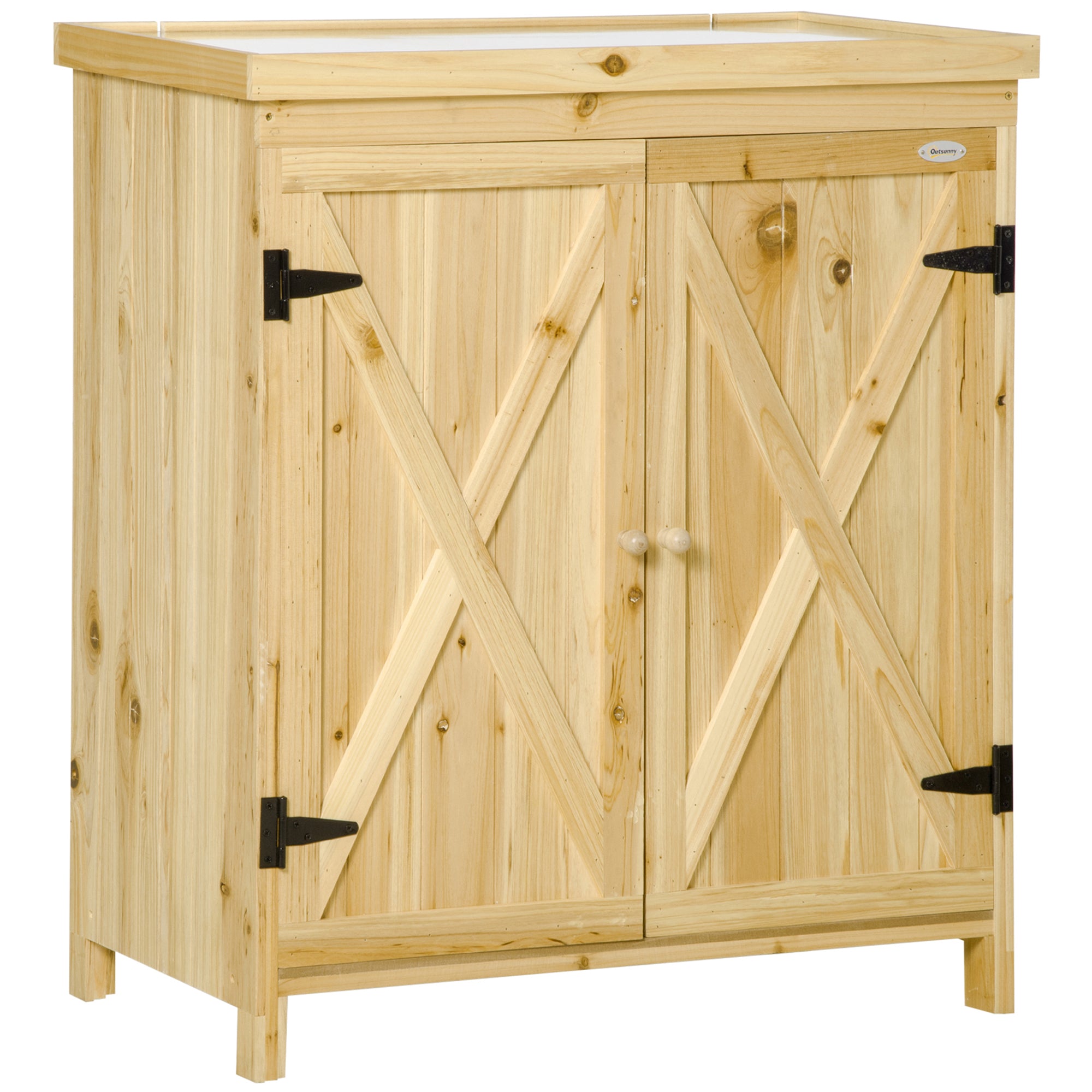 Garden Storage Cabinet, Outdoor Tool Shed with Galvanized Top and Two Shelves for Yard Tools or Pool Accessories, Natural - Natural Wood