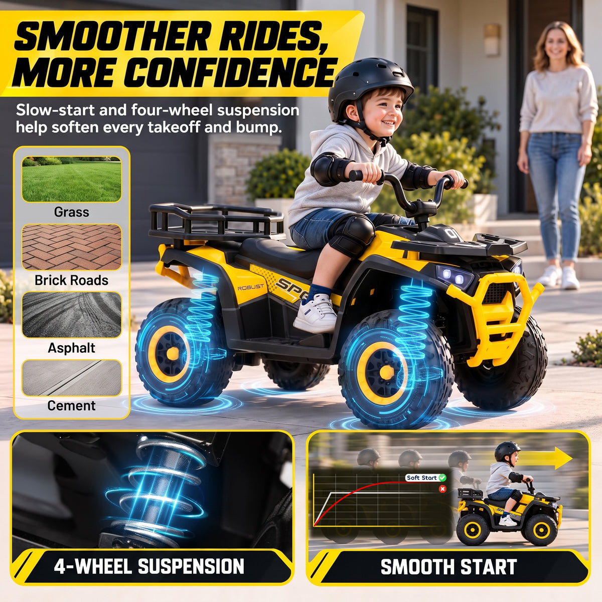 12V Kids ATV, 4 Wheeler Quad with 4 Spring Suspension Wheels, LED Lights, Music USB for 3-5 Years, Yellow