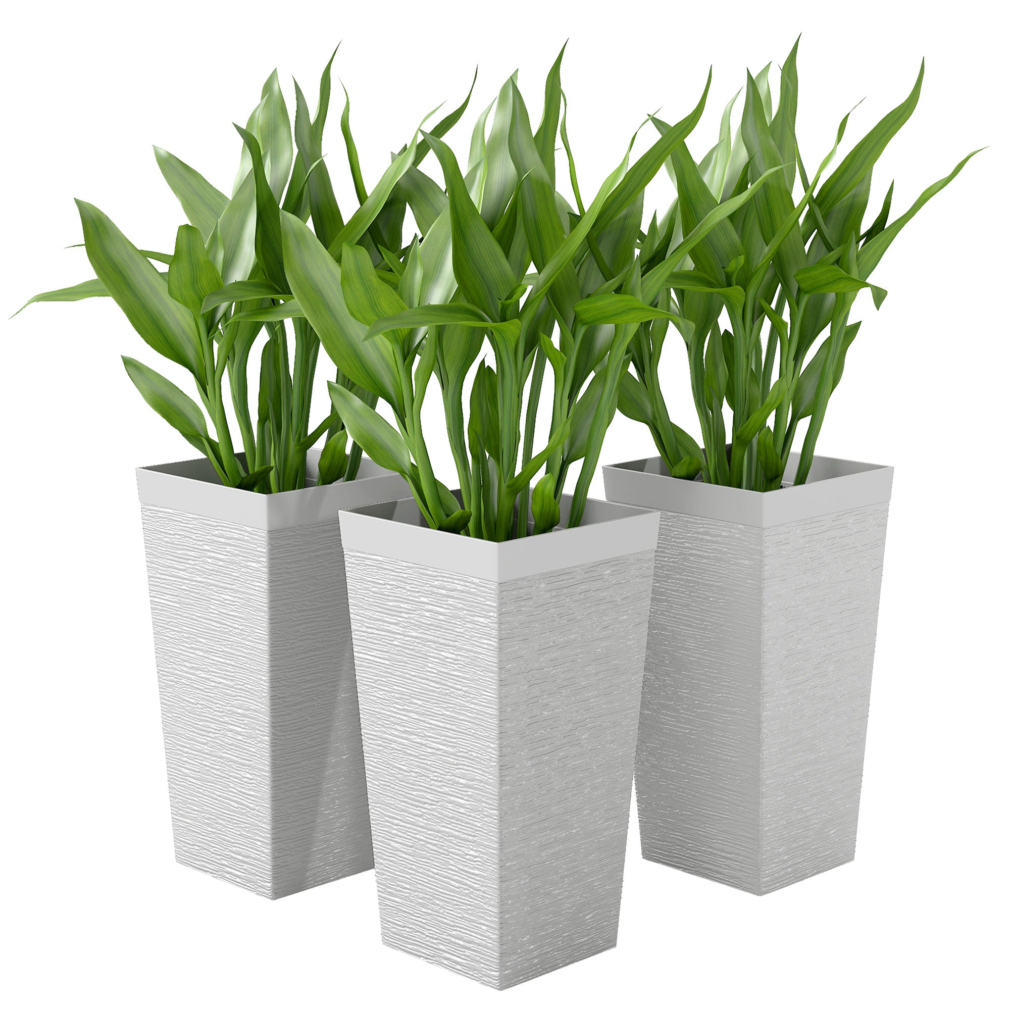 22.8 Inch Set of 3 Outdoor Planters with Stone Finish and Wheels, Stackable Tapered Planters with Drainage Hole, White - White