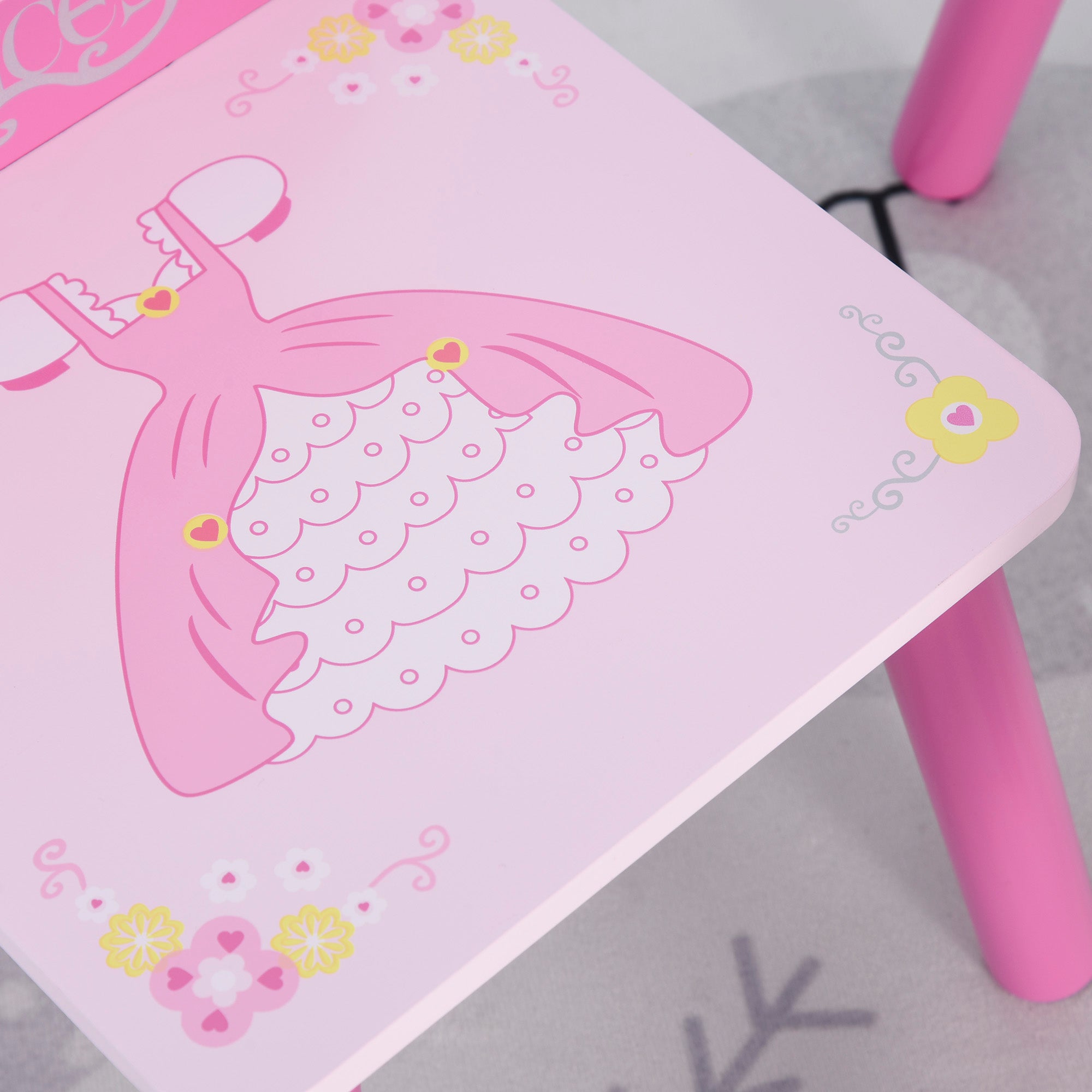 3-Piece Kids Wooden Table and Chair Set with Crown Pattern Gift for Girls Toddlers Arts Reading Writing Age 2-4 Years Pink
