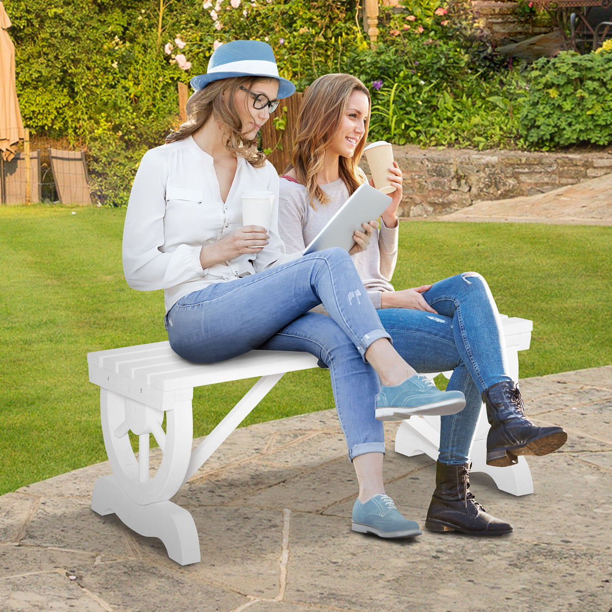2-Person Wooden Garden Bench, Outdoor Wagon Wheel Porch Bench for Backyard Garden, Support 550 LBS, Rustic Country Style Patio Furniture, White