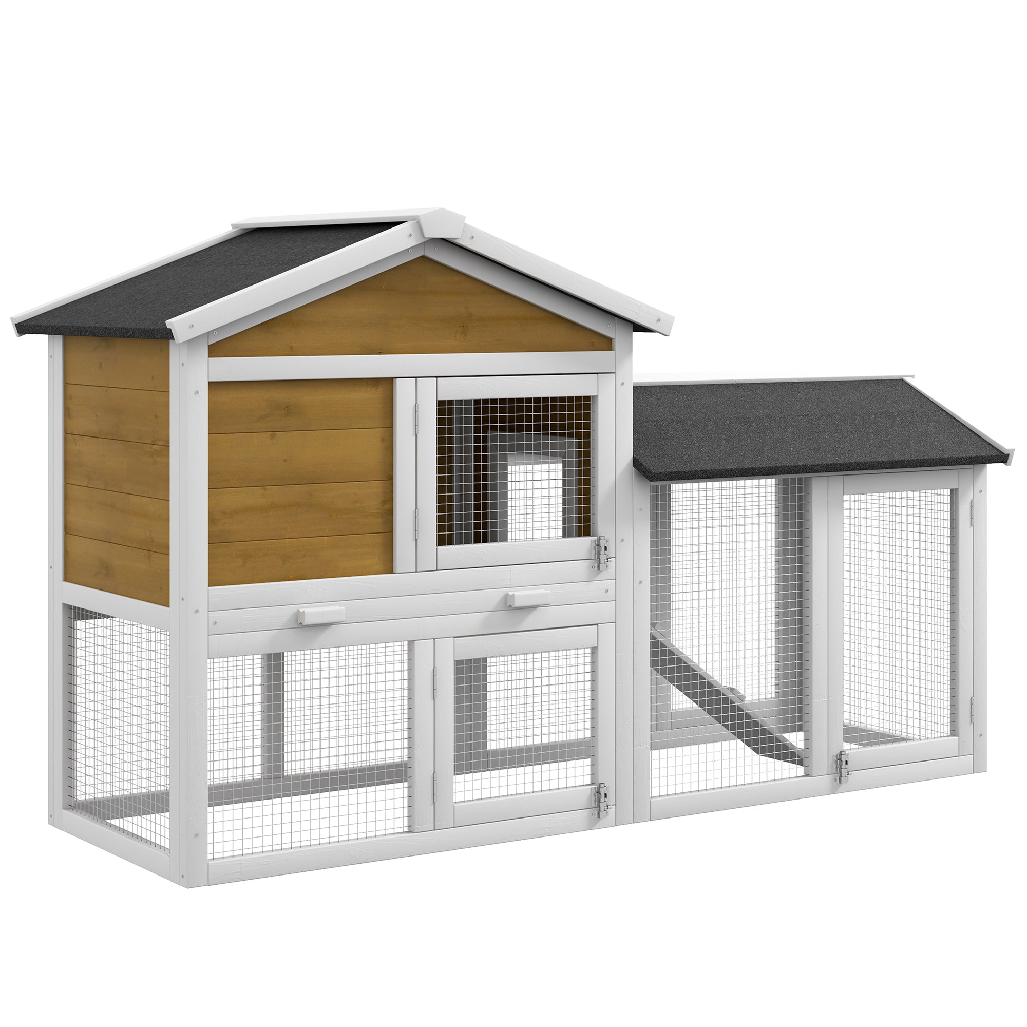 58" Wooden Rabbit Hutch with Run, Removable Tray, Asphalt Roof, Lockable Doors and Ramp, Nature Wood - Natural Wood