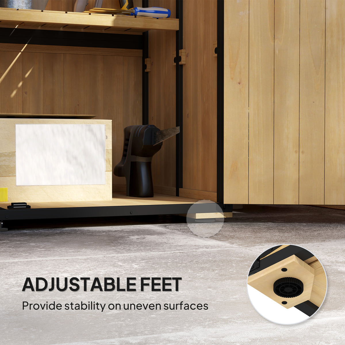 Wood Storage Shed, Outdoor Garden Shed with Asphalt Roof, 2 Shelves, Lockable Doors and Adjustable Feet, Natural