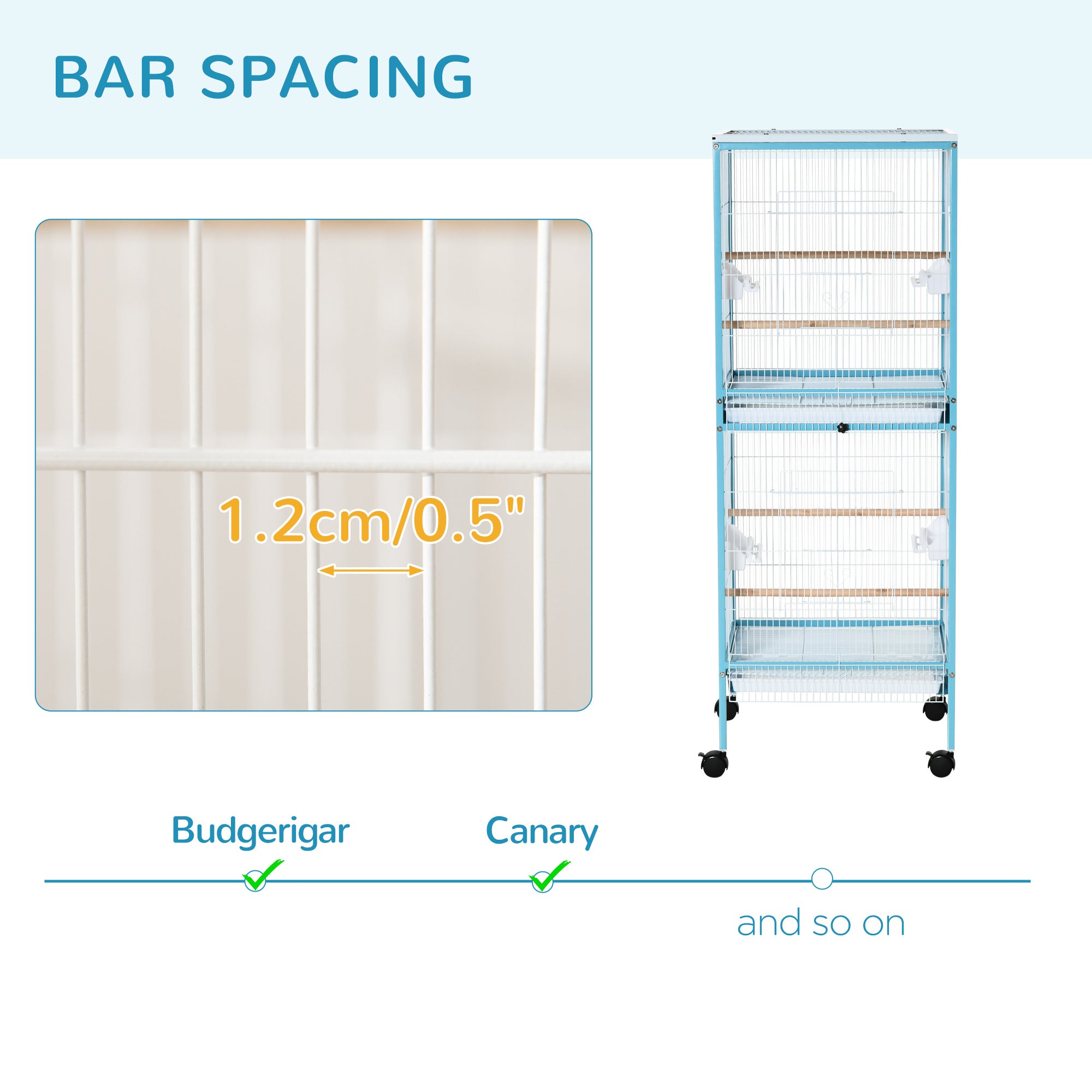 55" 2 In 1 Bird Cage Aviary Parakeet House for finches, budgies with Wheels, Light Blue - Light Blue - Image 7