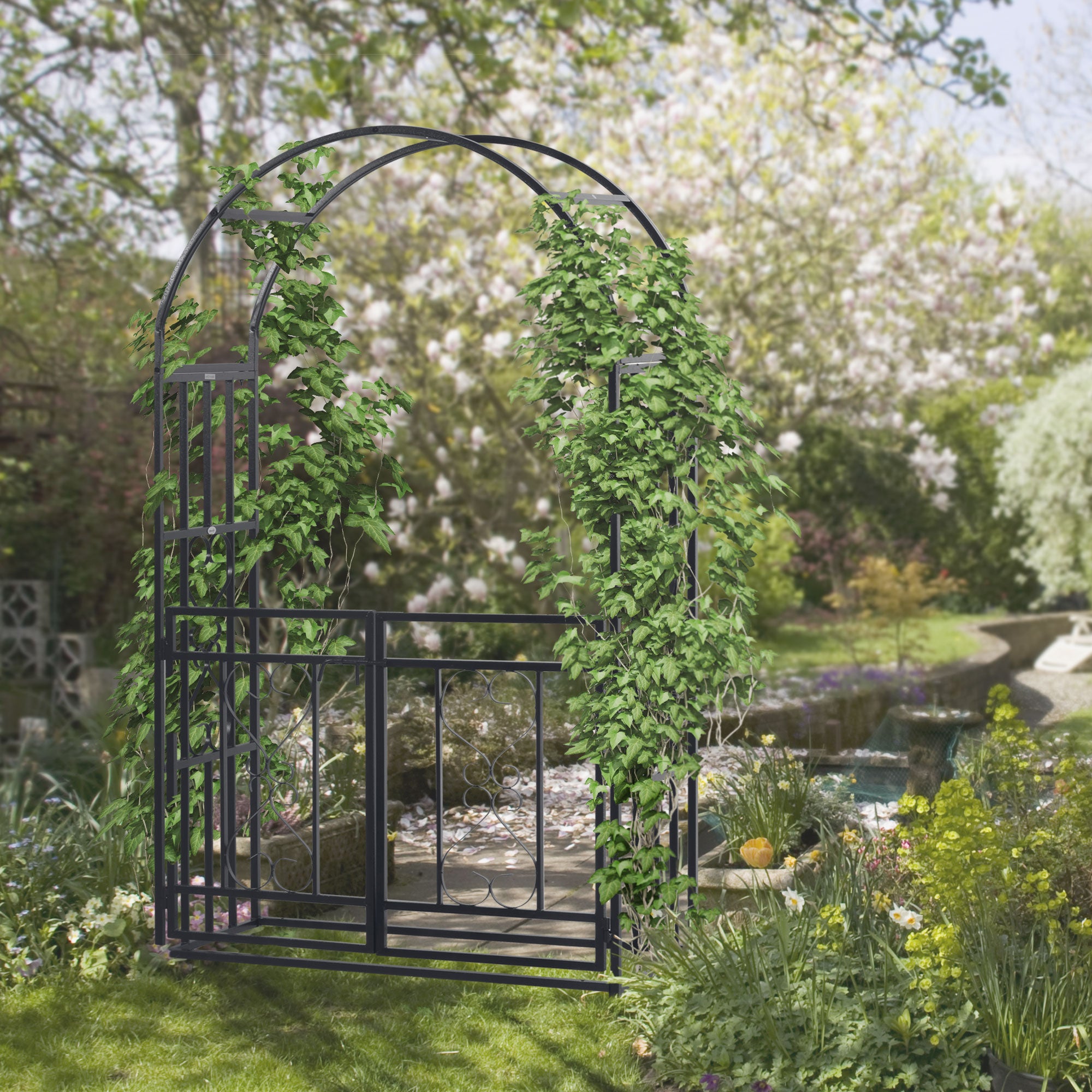 81" Metal Garden Arbor with Double Doors, Locking Gate, Climbing Vine Frame with Heart Motifs, Arch for Wedding, Bridal Party Decoration, Grey - Black - Image 2