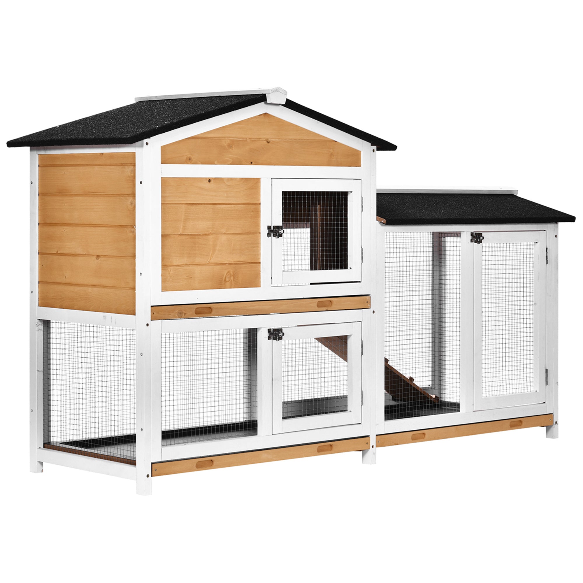 62" Rabbit Hutch, Wooden Bunny Hutch, Guinea Pig Cage, Small Animal Enclosure with Run Area, Removable Tray, Asphalt Roof, Lockable Doors and Ramp, for Rabbits, Chickens, Ducks, Nature Wood - Natural Wood
