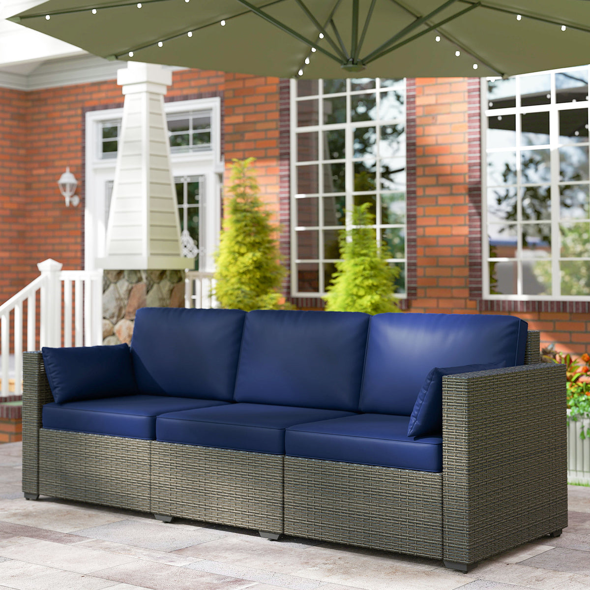 Patio Couch PE Wicker Deep Seating Outdoor Sofa with Removable Cushions, 3 Seater Rattan Sofa, Navy Blue