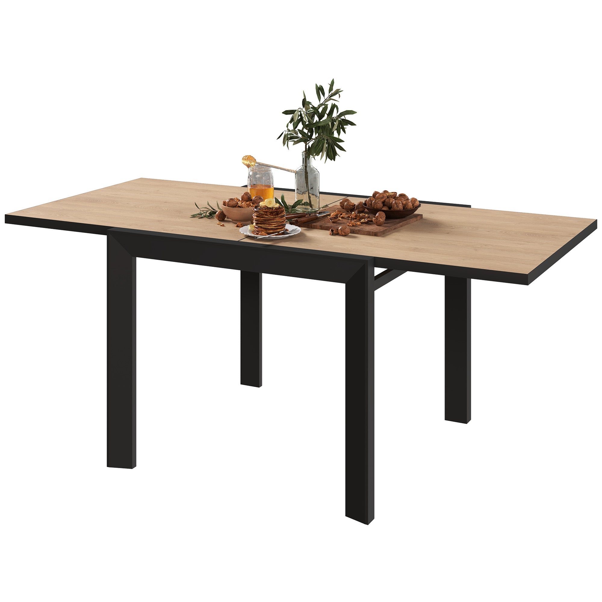 35.5"-71" Expandable Outdoor Dining Table for 4-6 People, Aluminum Patio Table with Slatted Wood Grain Top, Natural