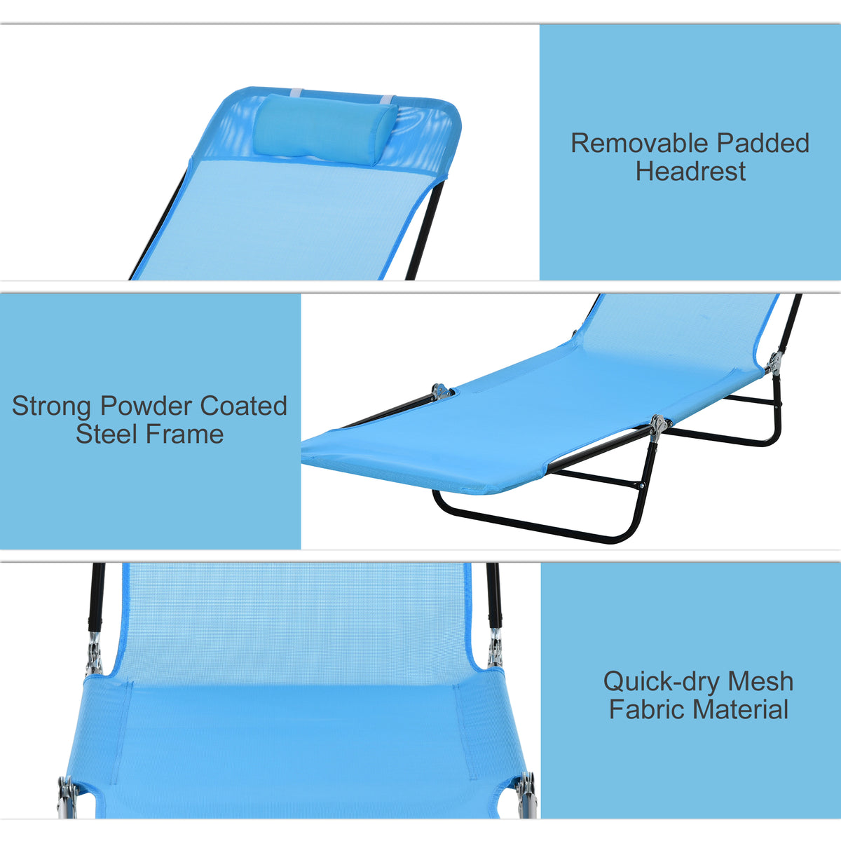 Folding Chaise Lounge Chair, Pool Sun Tanning Chair, Outdoor Lounge Chair with Reclining Back, Breathable Mesh Seat, Headrest for Beach, Yard, Patio, Blue