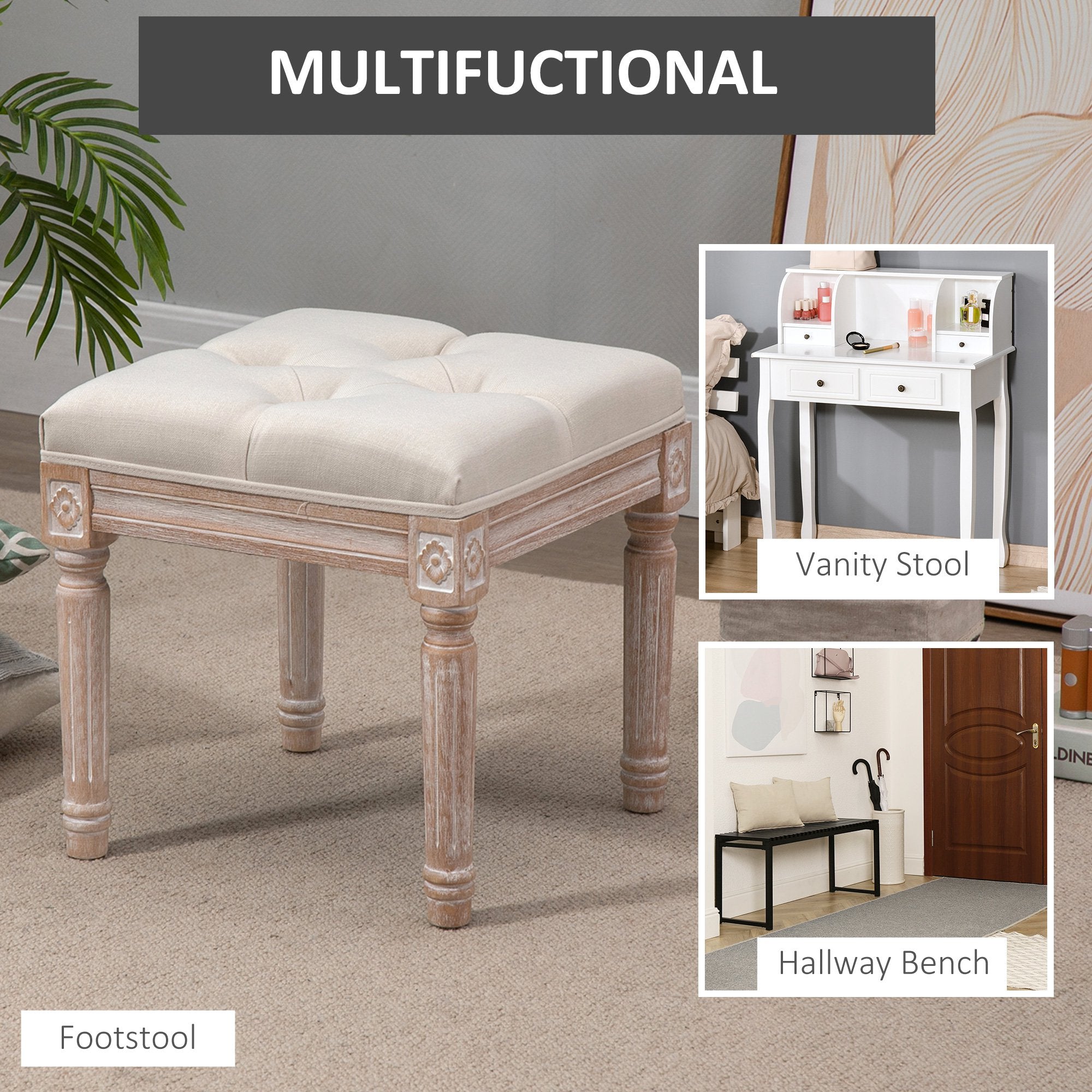 Ottoman Bench Vintage Footrest w/ Button Tufted Seat, Carved Wooden Legs, Beige