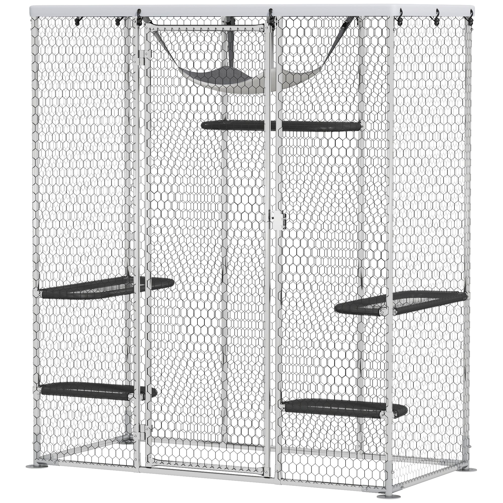 Catio Outdoor Cat Enclosure, Galvanized Steel Walk-in Cat Cage with Waterproof Cover, 5 Adjustable Platforms, Hammock - Silver