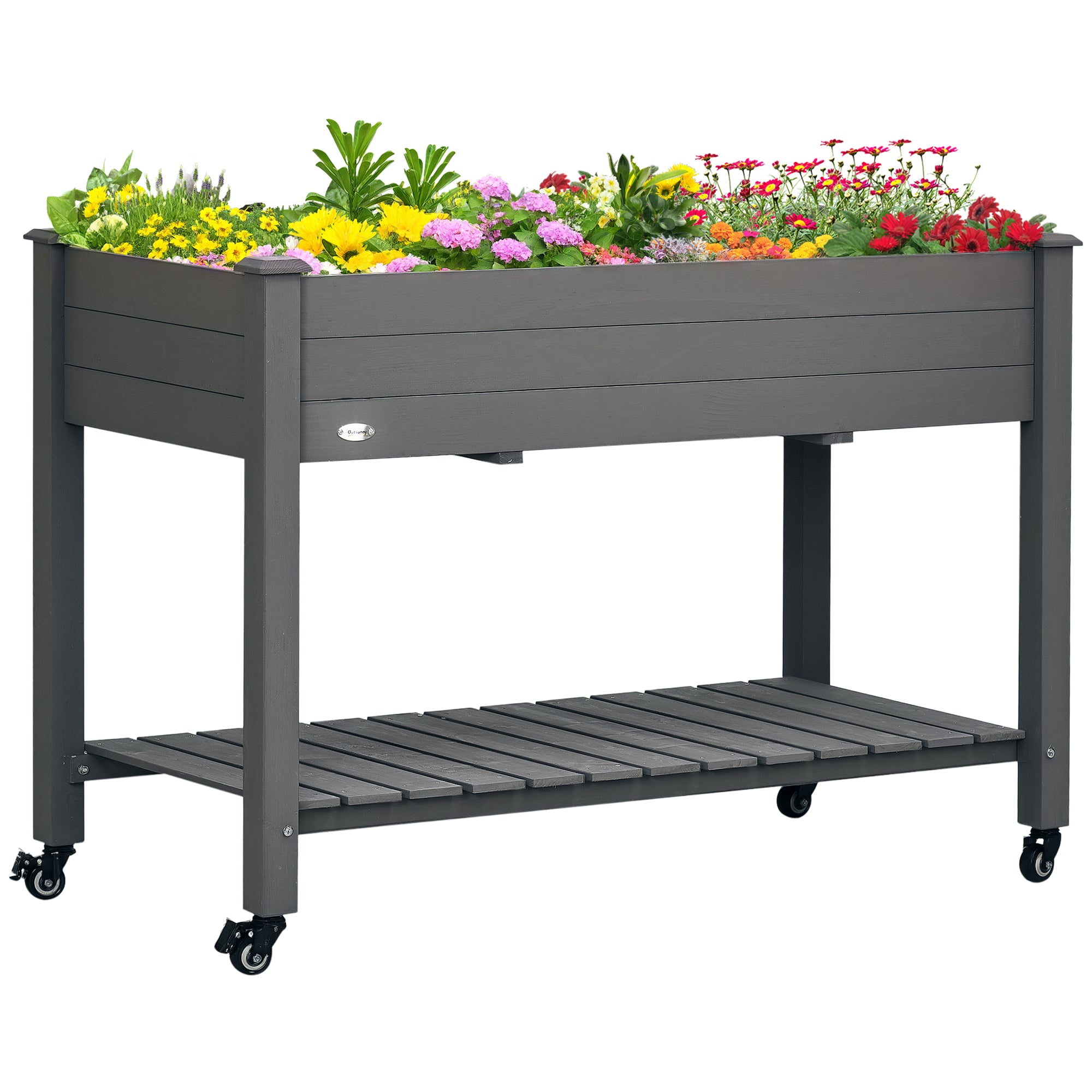 47" x 21" Raised Garden Bed Elevated Wooden Planter Box w/ Lockable Wheels, Storage Shelf for Backyard, Dark Gray - Dark Gray