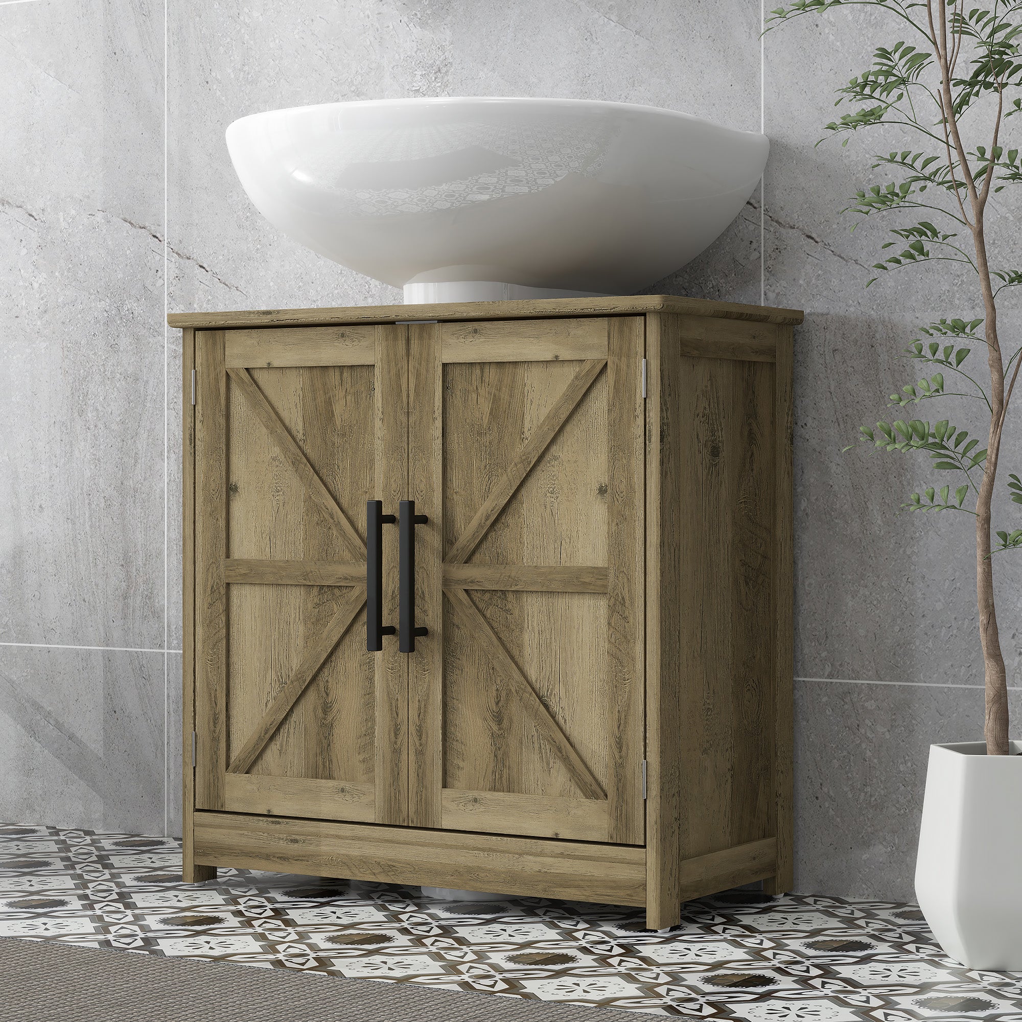 Farmhouse Pedestal Sink Storage Cabinet, Bathroom Sink Cabinet with 2 Barn Doors and Adjustable Shelf, Light Gray