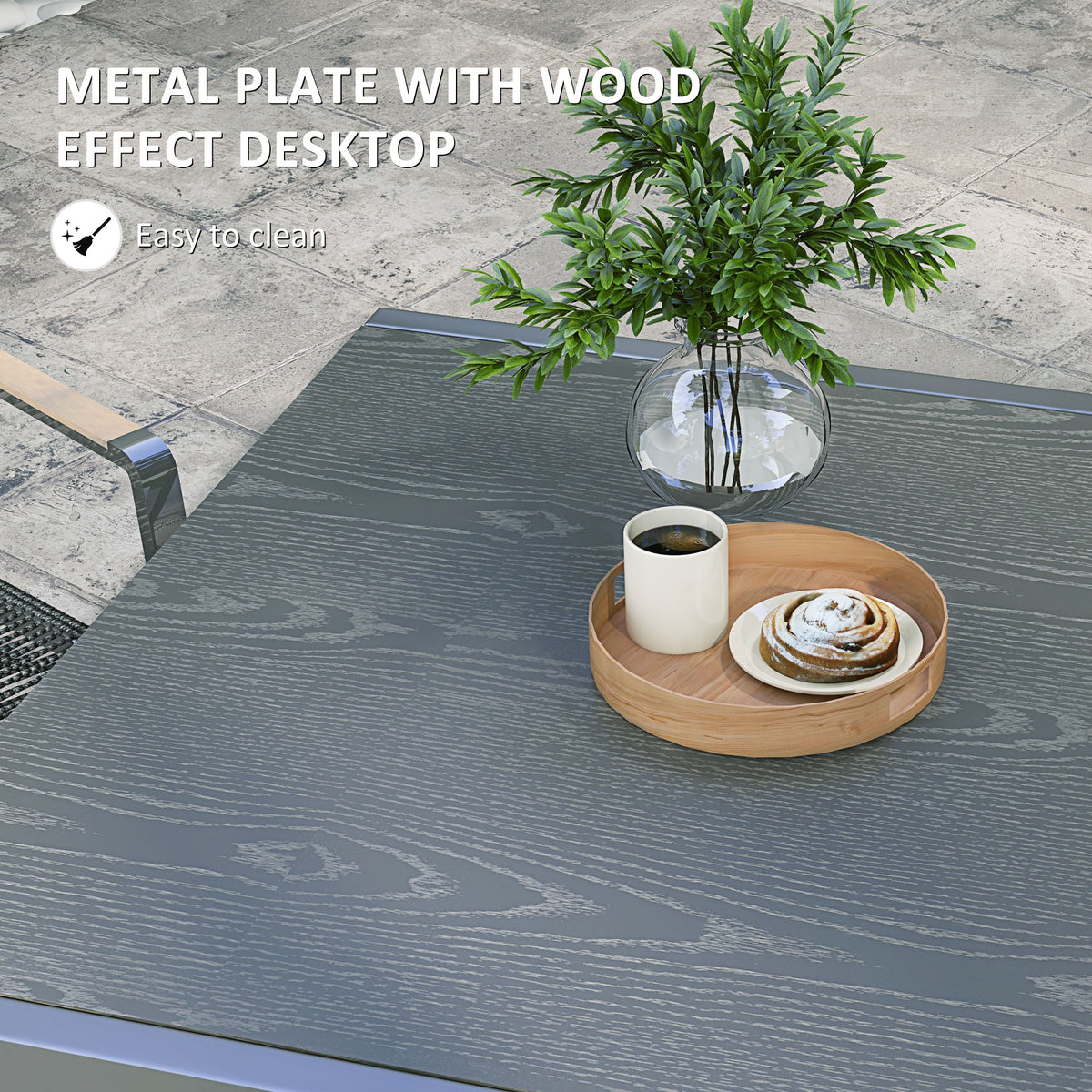 Patio Table for 6-8 People, Aluminum Frame Rectangle Garden Table with Wood Effect Steel Top, for Backyard, Dark Gray