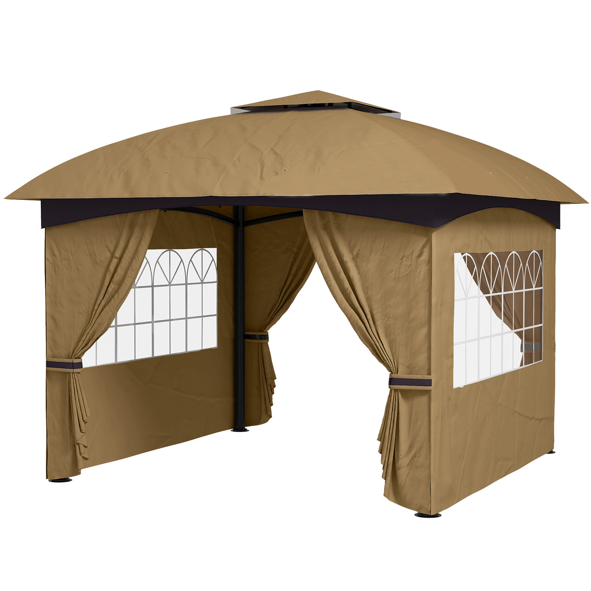 11' x 11' Outdoor Gazebo, Double Roof Patio Gazebo with Curtains, Church Windows, Galvanized Steel Frame, Beige