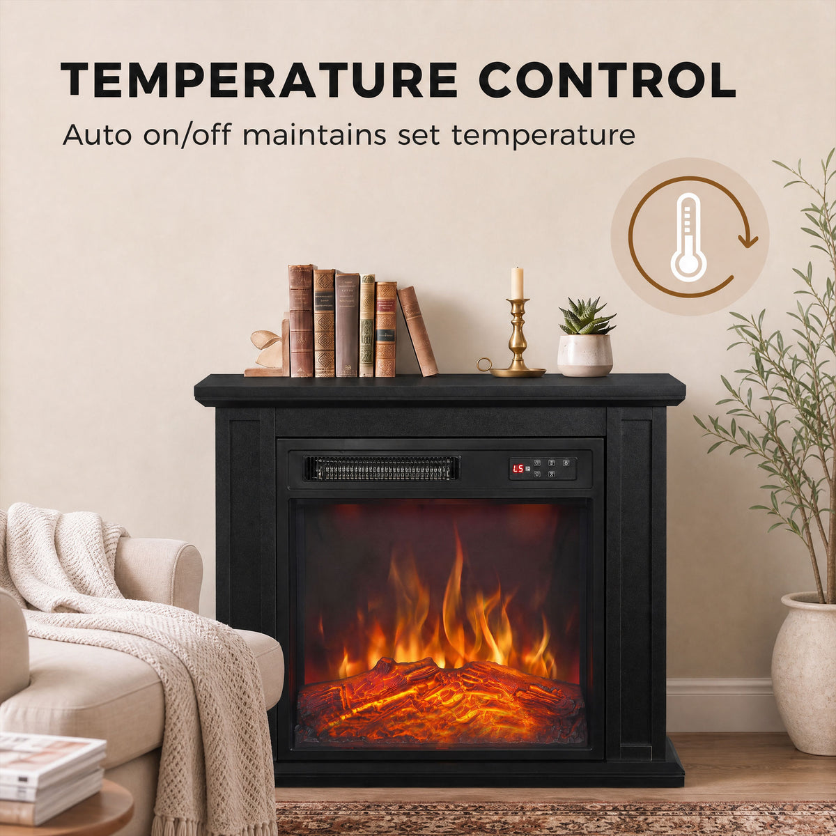 26" Electric Fireplace with Mantel, 1400W Freestanding Fireplace TV Stand with Adjustable Flame, Timer, Remote, Black