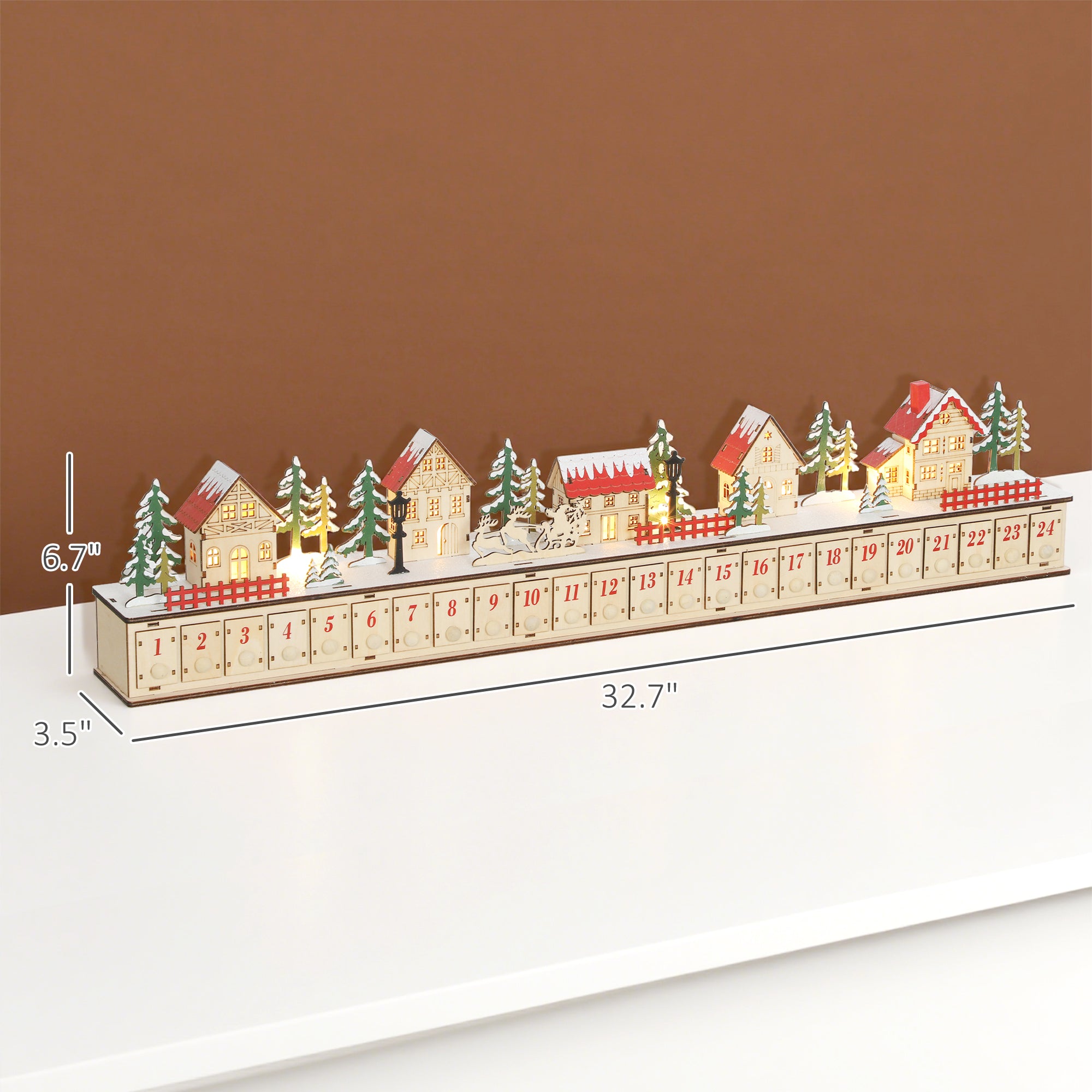 Christmas Advent Calendar with 24 Countdown Drawers and LED Lights, Wood-Effect Advent Calendar, Battery Operated