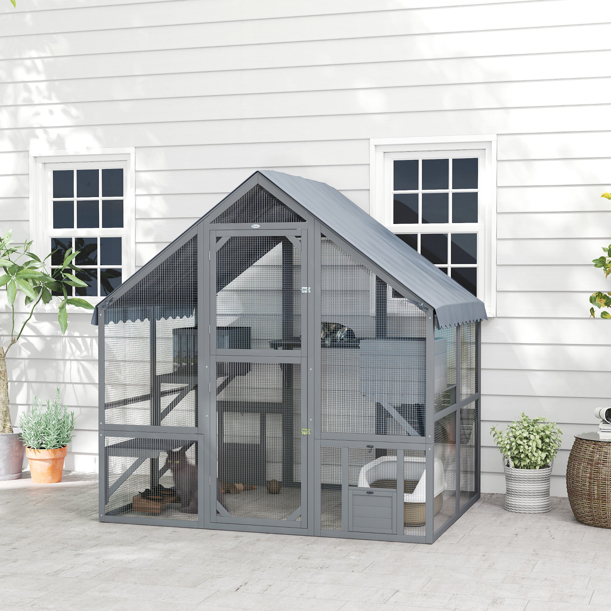 Wooden Catio Outdoor Cat Enclosure with Waterproof Cover, 2 Condos, 4 Platforms, Bridge, Doors, Gray - Gray - Image 2