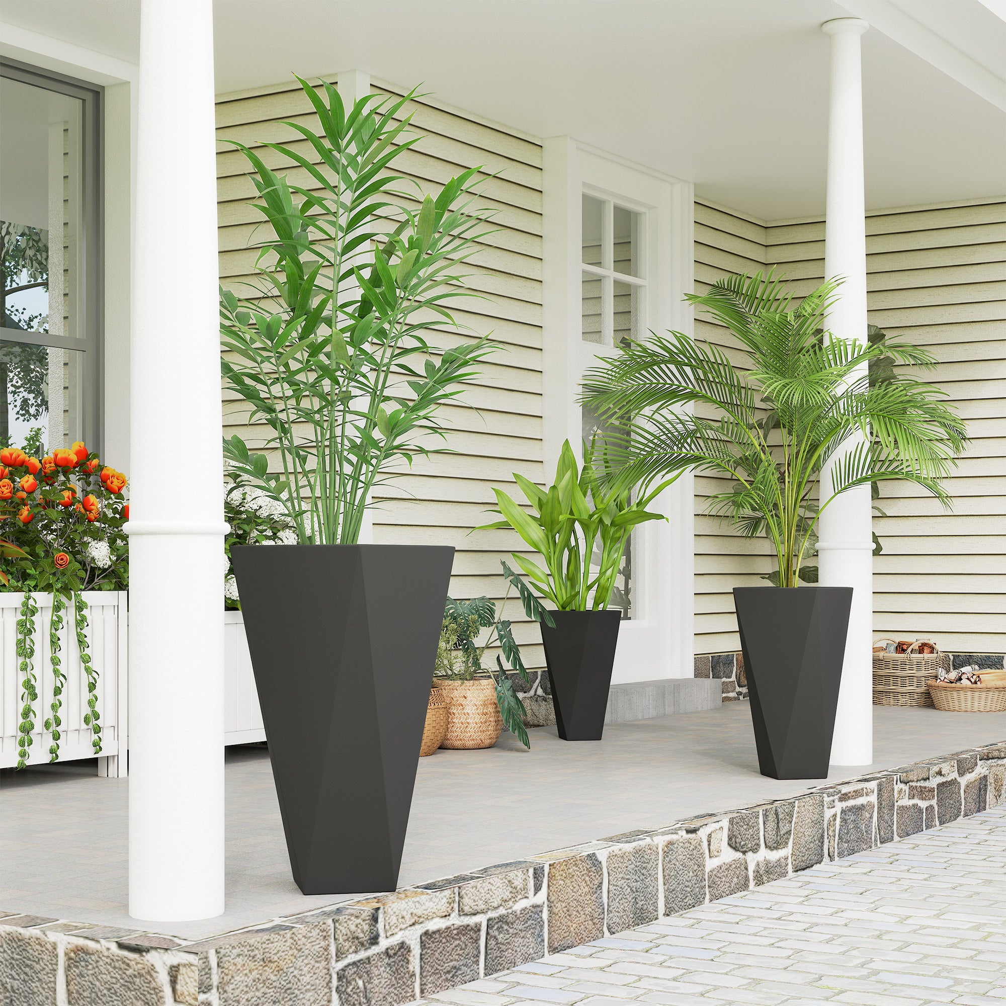 Indoor Outdoor Planters Set of 3 MgO Tall Planters Stackable Flower Pots with Drainage Holes for Garden, Balcony, Black - Black - Image 2