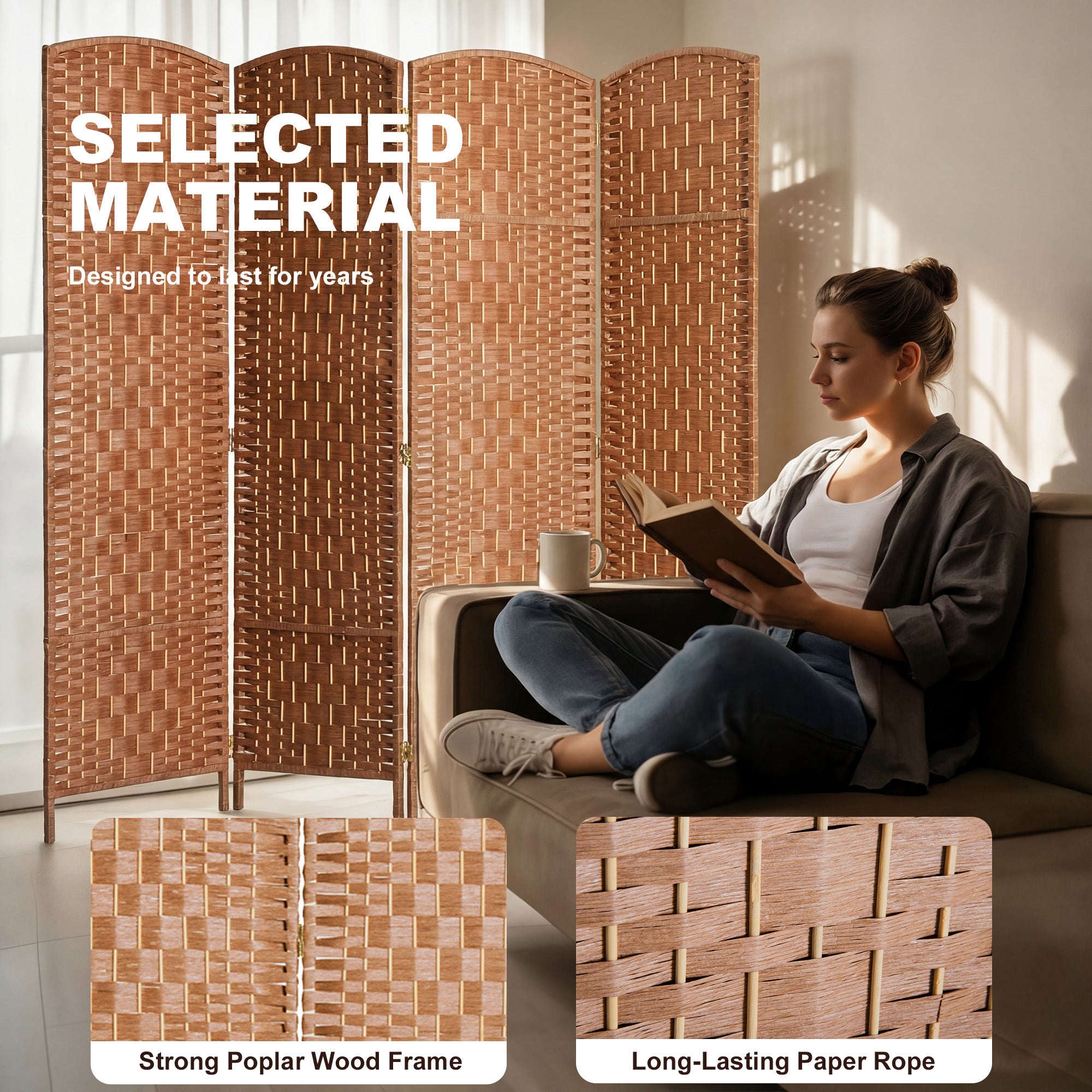 Room Divider 4 Panel, 6FT Tall Folding Privacy Screen, Freestanding Hand-Woven Partition for Room Separation with 360° Hinges, Paper Rope Diamond Weave, Natural