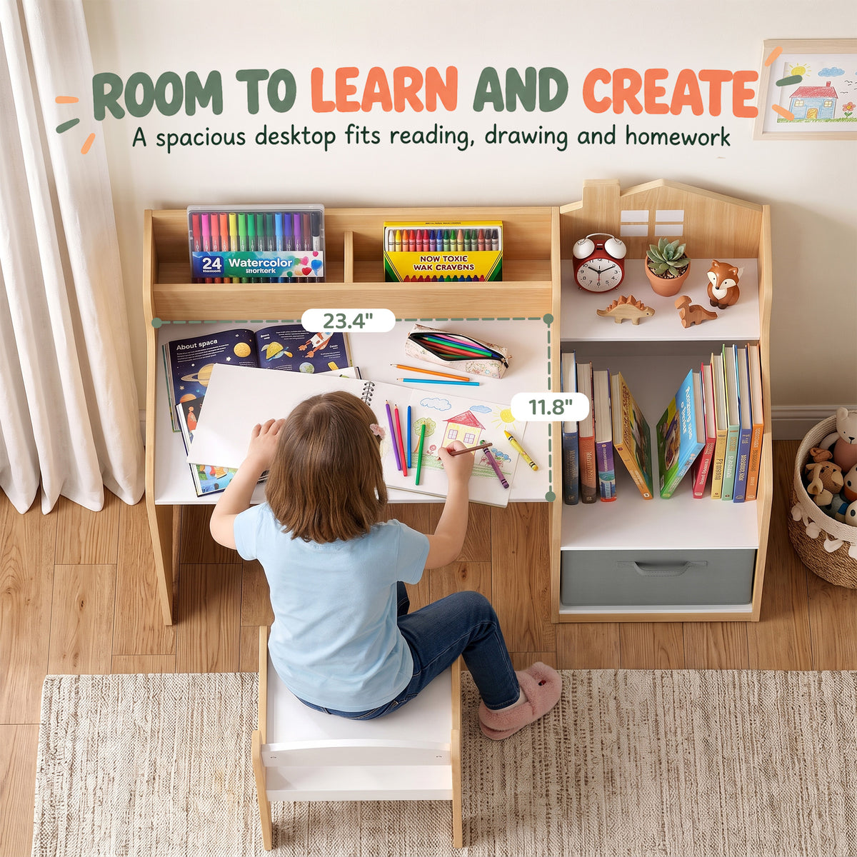 Kids Desk and Chair Set with 2 Desktop Cubbies, Fabric Bin, Plastic Drawer, Bookshelf, Anti-Tip Device for 3-8 Years