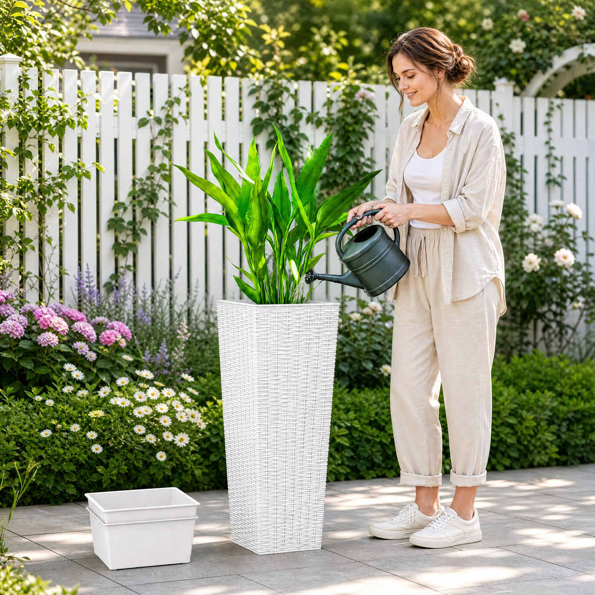 32 Inch Tall Planters for Outdoor Plants, Set of 2 Plastic Flower Pots with Drainage Holes, White