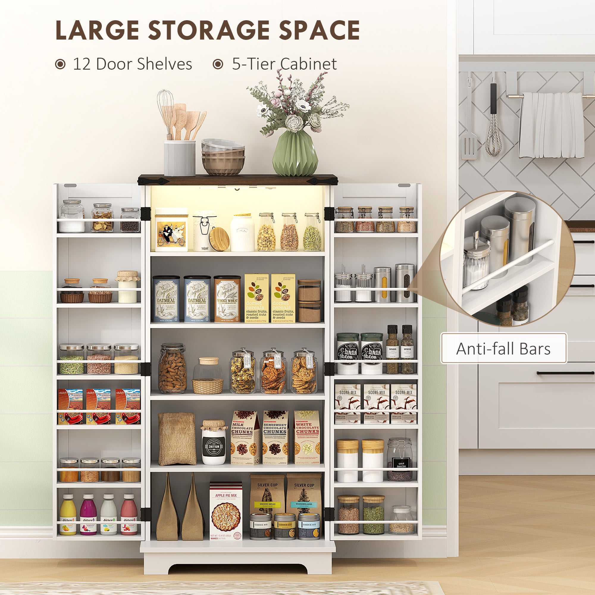 47" Kitchen Cabinet with Sensing LED Light, Kitchen Pantry Cabinet with Doors, Adjustable Shelves, Door Shelves, White