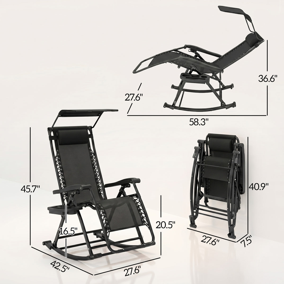 Outdoor Rocking Chairs, Foldable Reclining Zero Gravity Lounge Rocker with Pillow, Cup & Phone Holder, Combo Design with Folding Legs, Black