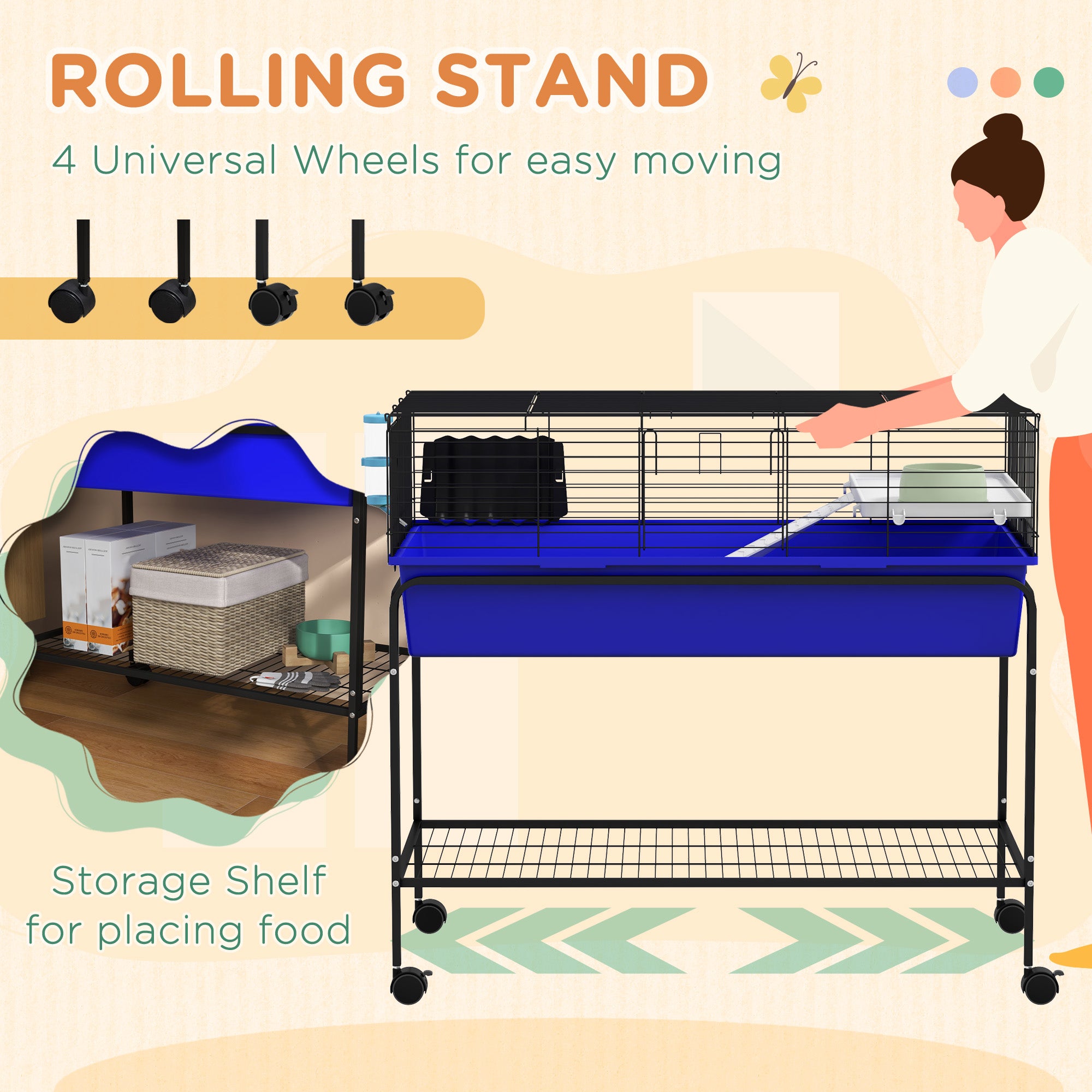 Two-Story Small Animal Cage Removable from Stand, Pet Habitat with Shelf & Wheels, 39" x 20.5" x 36.5", Blue - Blue - Image 8