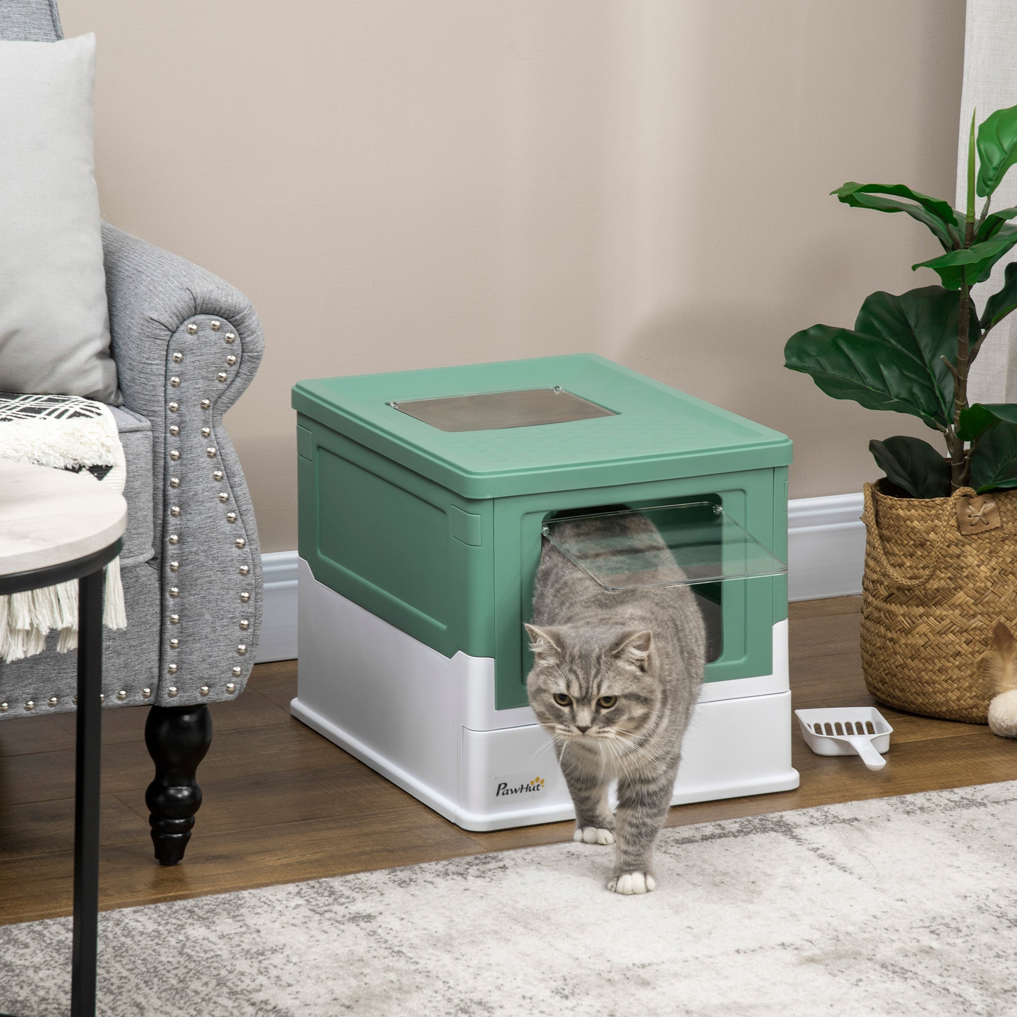 Fully Enclosed Cat Litter Box with Front Entry and Top Exit, Plastic, Green & White - Green - Image 2