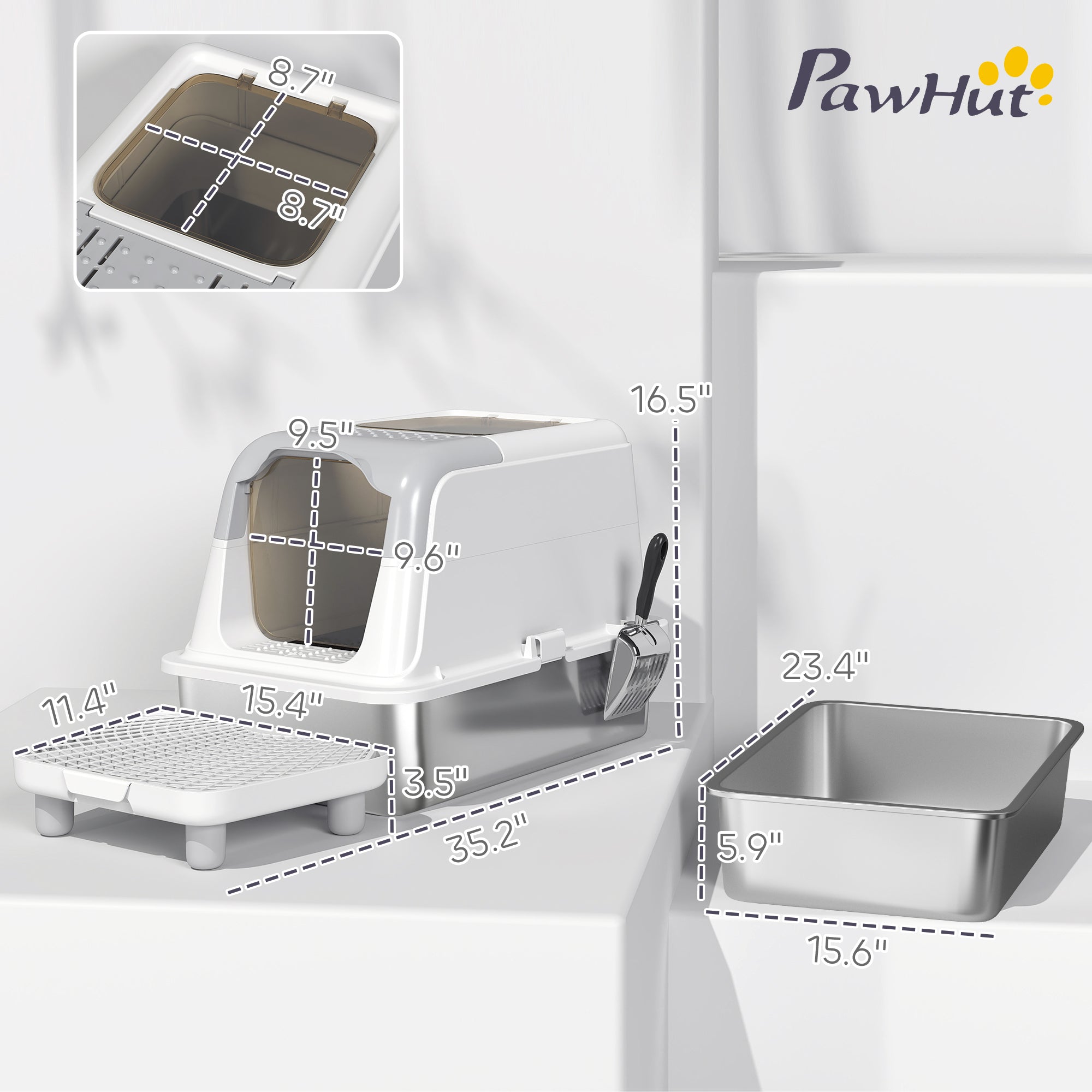 Extra Large Stainless Steel Litter Box, Enclosed Cat Litter Box with Scoop, Deodorizer Bag, Sand Drop Pedal - White - Image 3