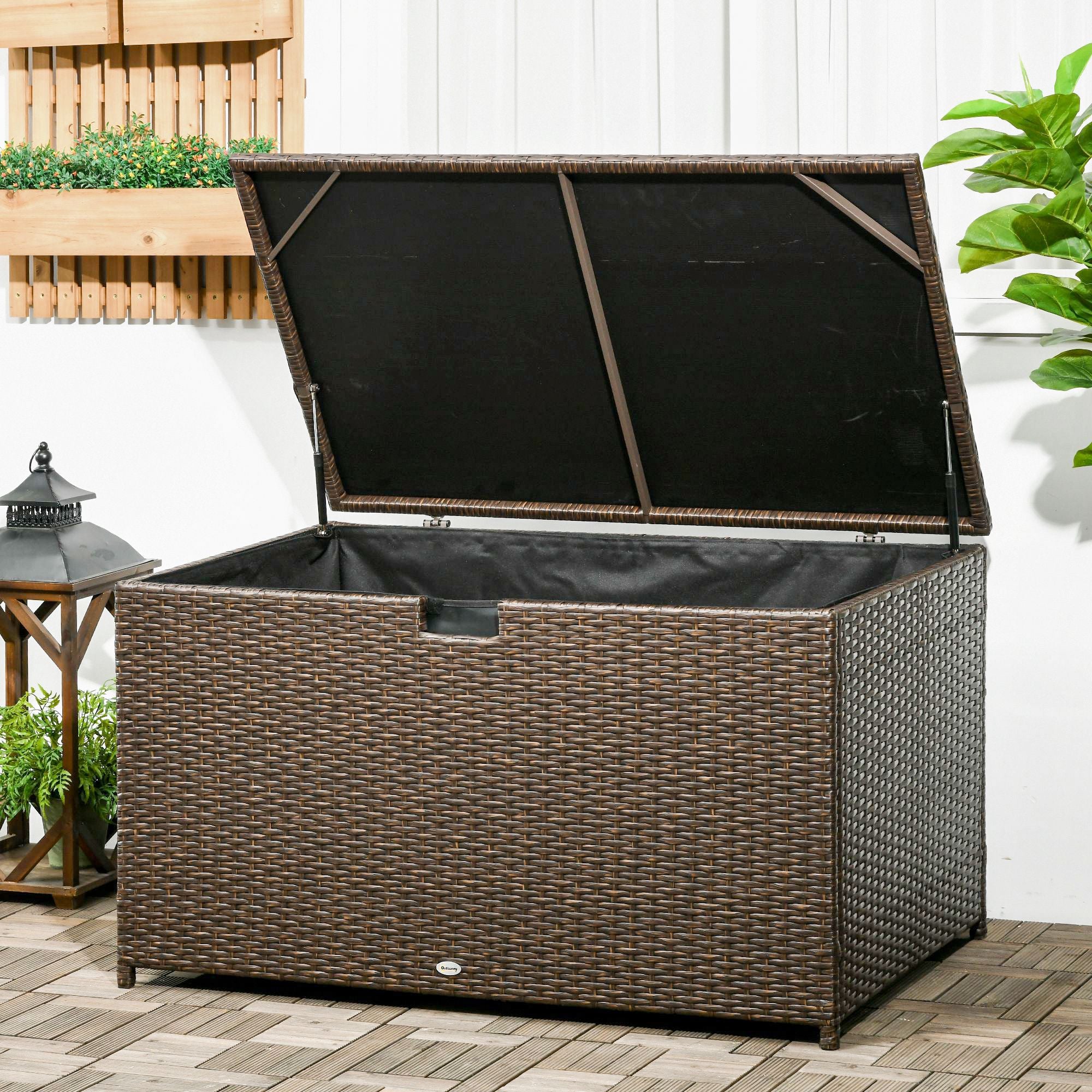 113 Gallon Outdoor Storage Box, Rattan Deck Box for Indoor, Patio Furniture Cushions, Pool Garden Tools, Brown - Brown - Image 2