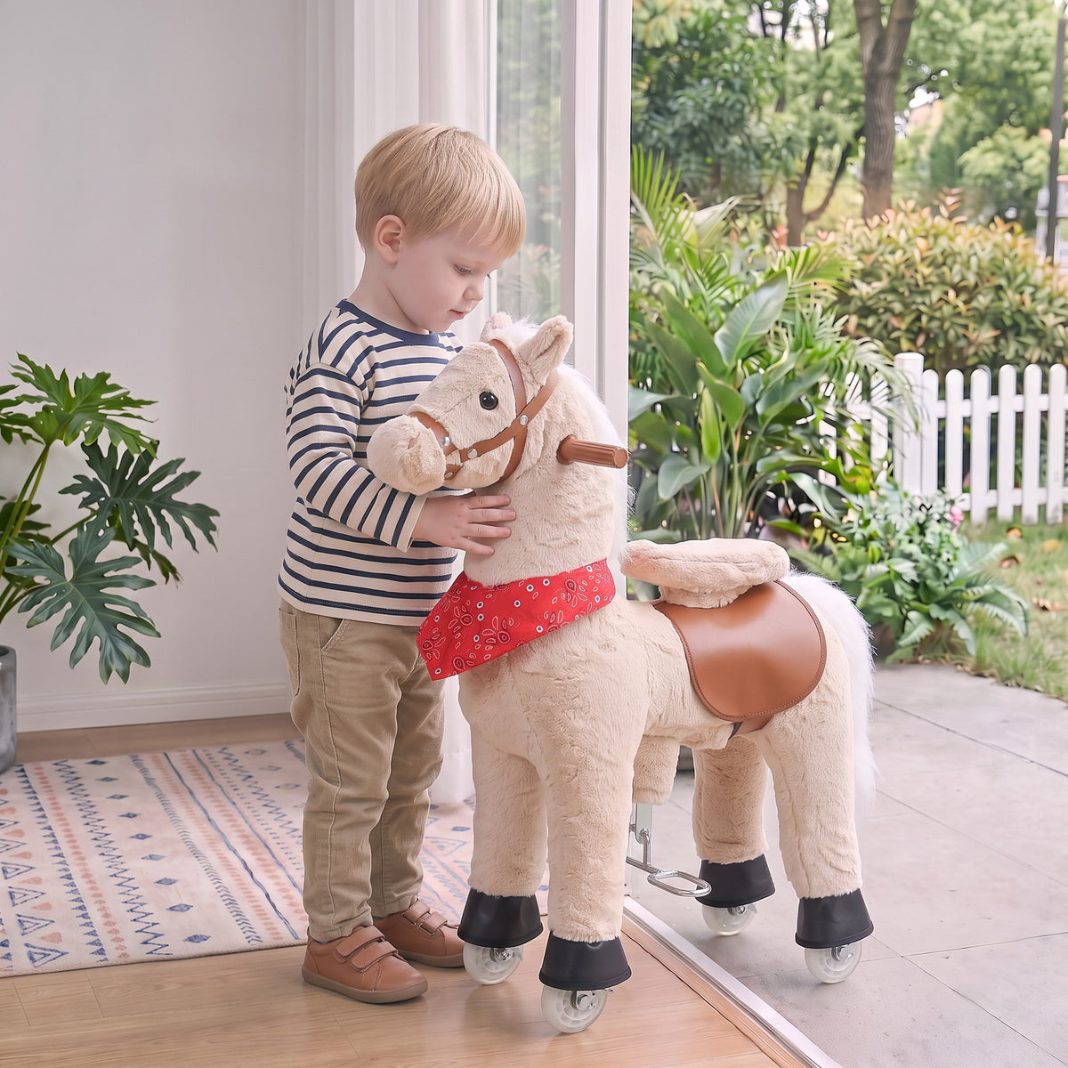 Ride on Horse for Kids 2+ Years, 29.5" Height Plush Ride On Pony with Rotatable Head and Neighing Sounds, Light Brown